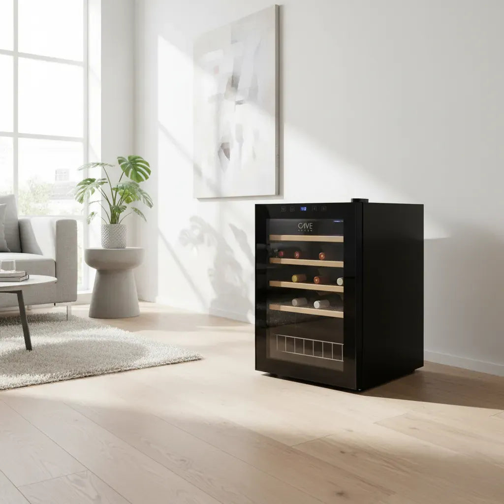 Cave de vinho Cave Vinum CV-18-CWS em ambiente de sala, compacta e elegante para conservação doméstica.
