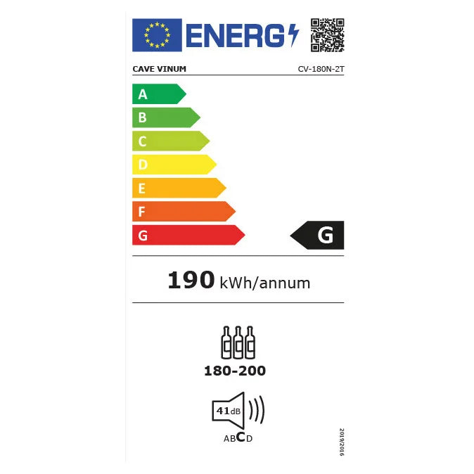 Etiqueta energética da cave de vinho Cave Vinum CV-180-N-2T com classe G e consumo anual de 190 kWh.