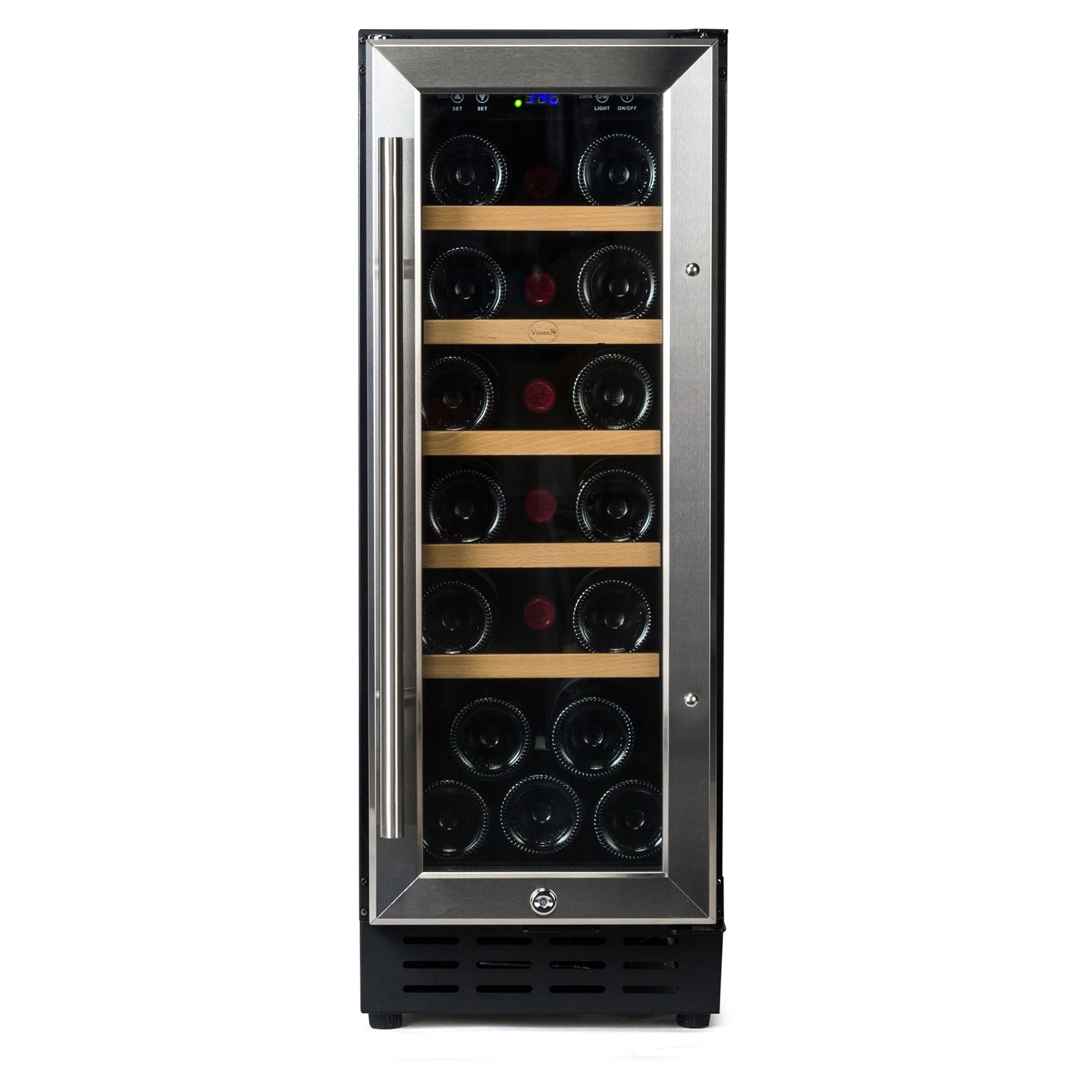 Cave de vinho 20 garrafas Vinobox V20 Design Inox encastrável sob bancada com moldura inox.