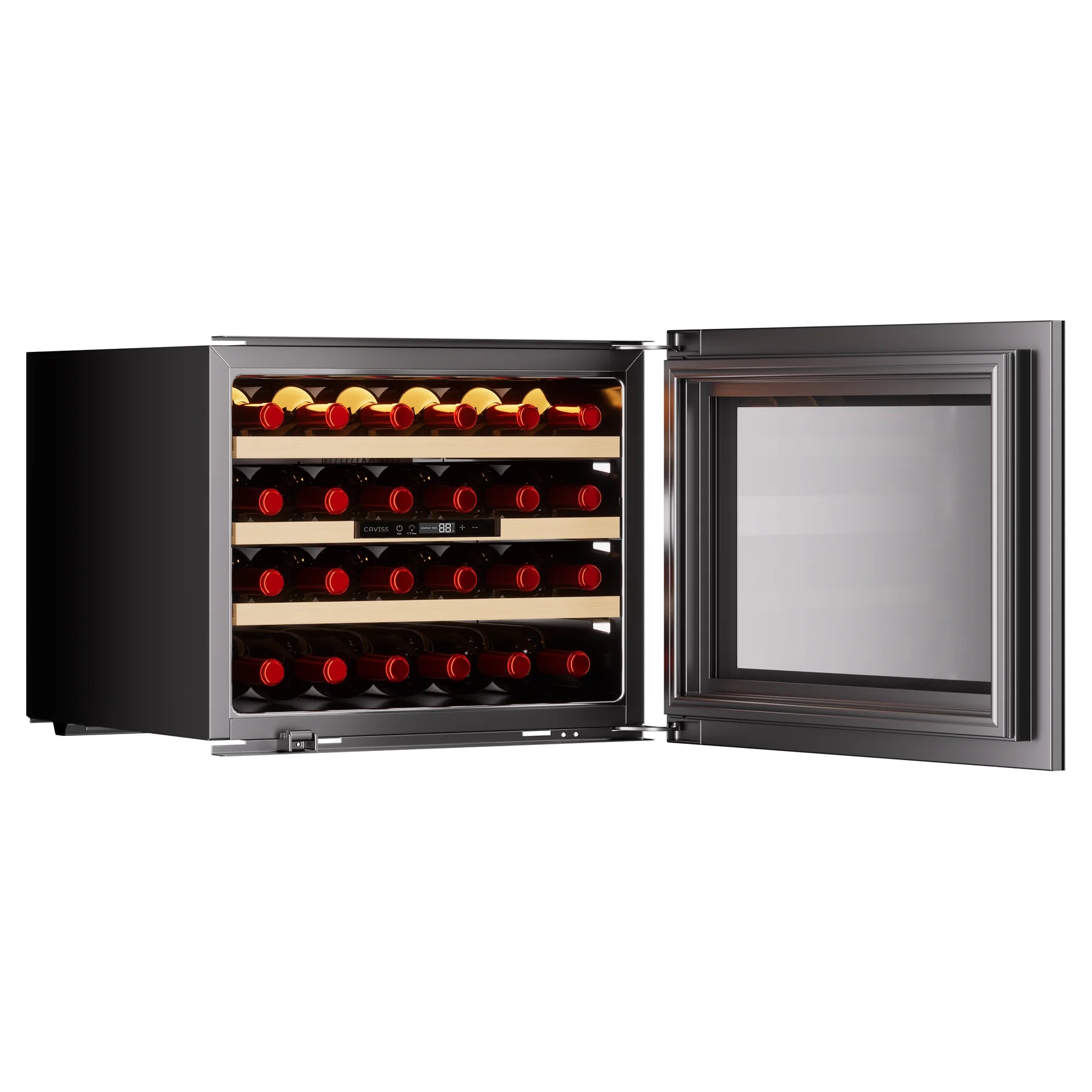 Cave de vinho Caviss CT1E24H45N60 encastrável em coluna com a porta aberta e 24 garrafas nas prateleiras de madeira