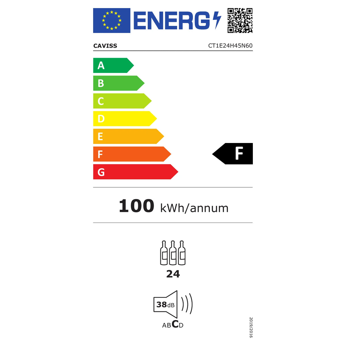 Etiqueta energética da cave de vinho Caviss CT1E24H45N60: classe F, 100 kWh por ano e 24 garrafas