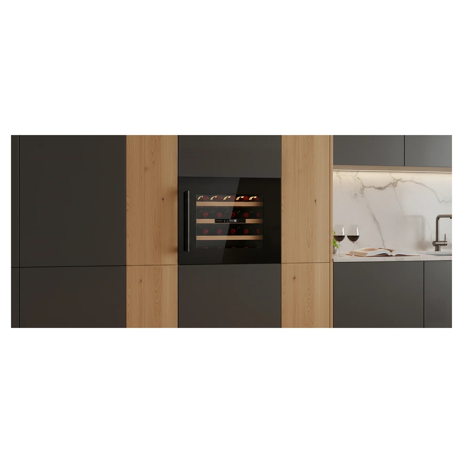 Cave de vinho Caviss CT1E24H45N60 integrada num bloco de eletrodomésticos de cozinha
