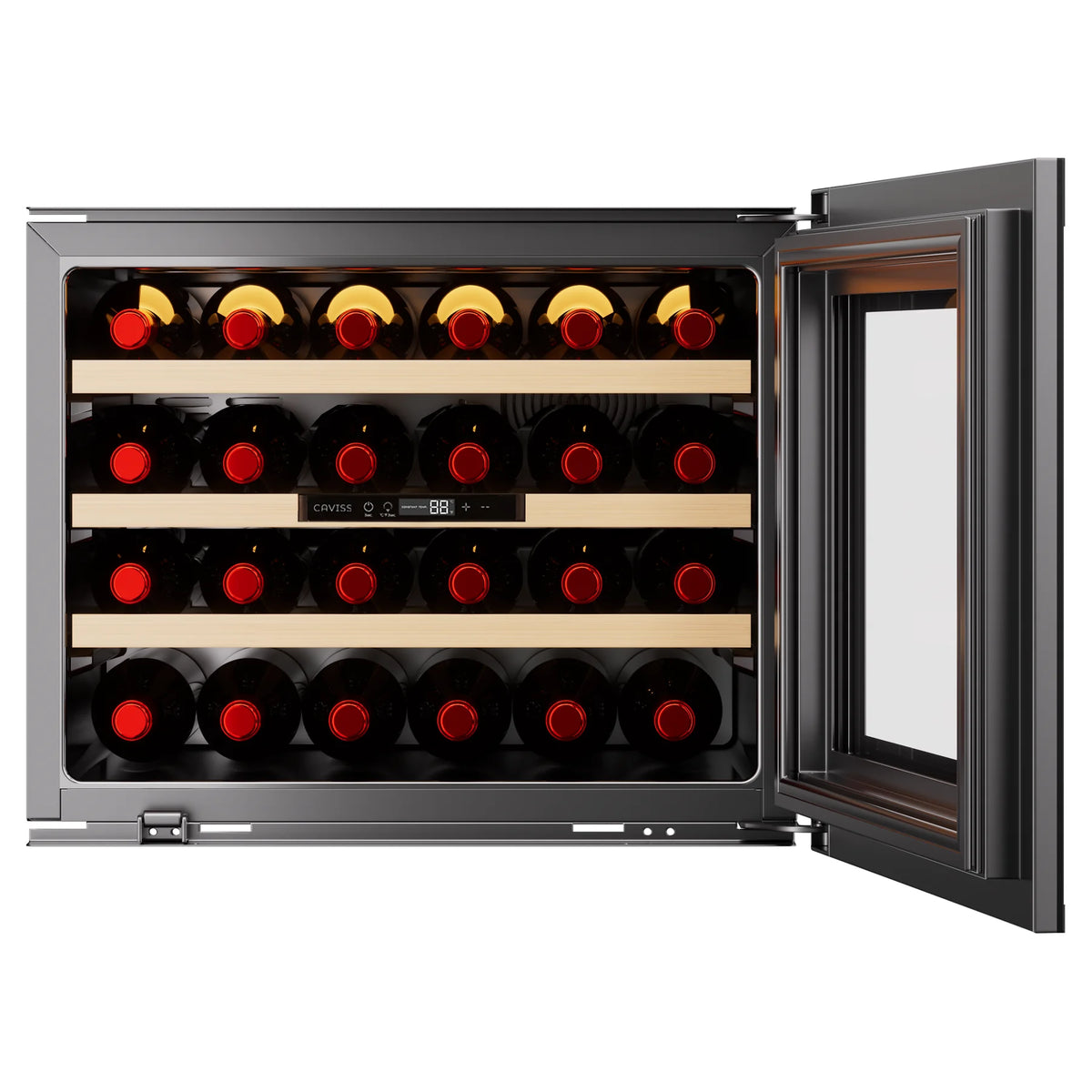 Cave de vinho Caviss CT1E24H45N60 aberta, vista de três quartos com o interior cheio de garrafas