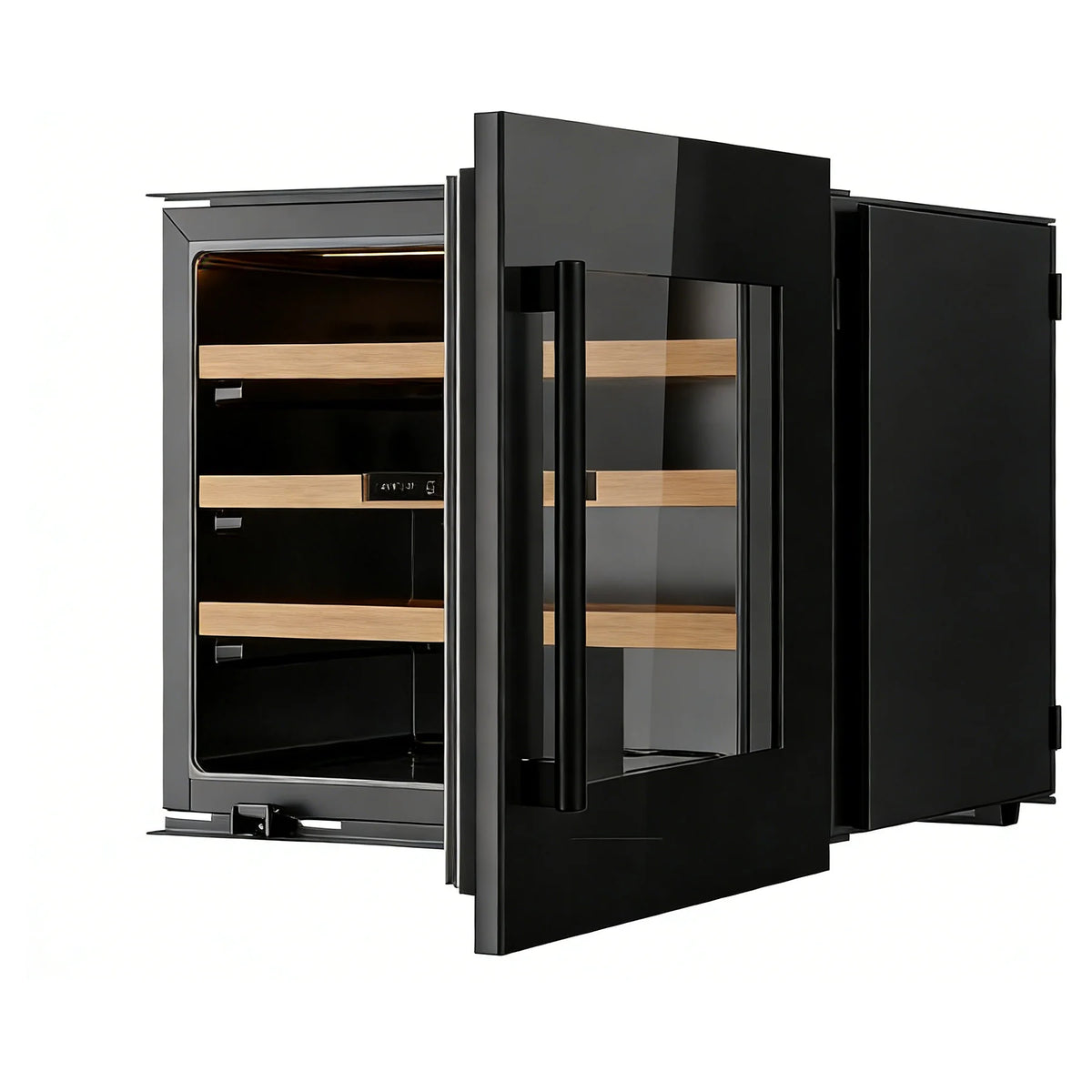 Cave de vinho Caviss CT1E24H45N60 com a porta de vidro entreaberta, vista de três quartos