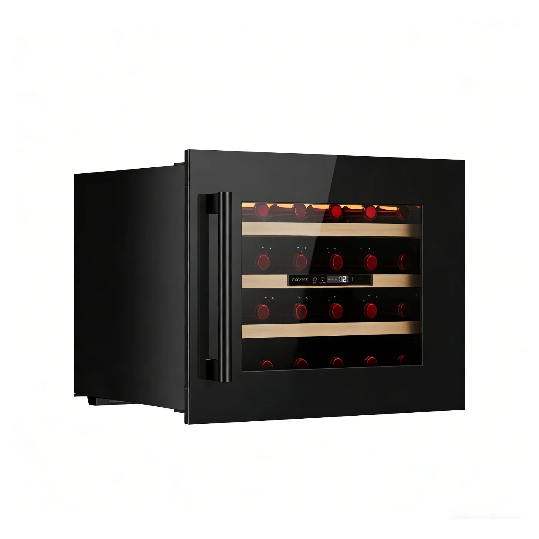 Cave de vinho Caviss CT1E24H45N60 fechada, vista de três quartos com as garrafas visíveis