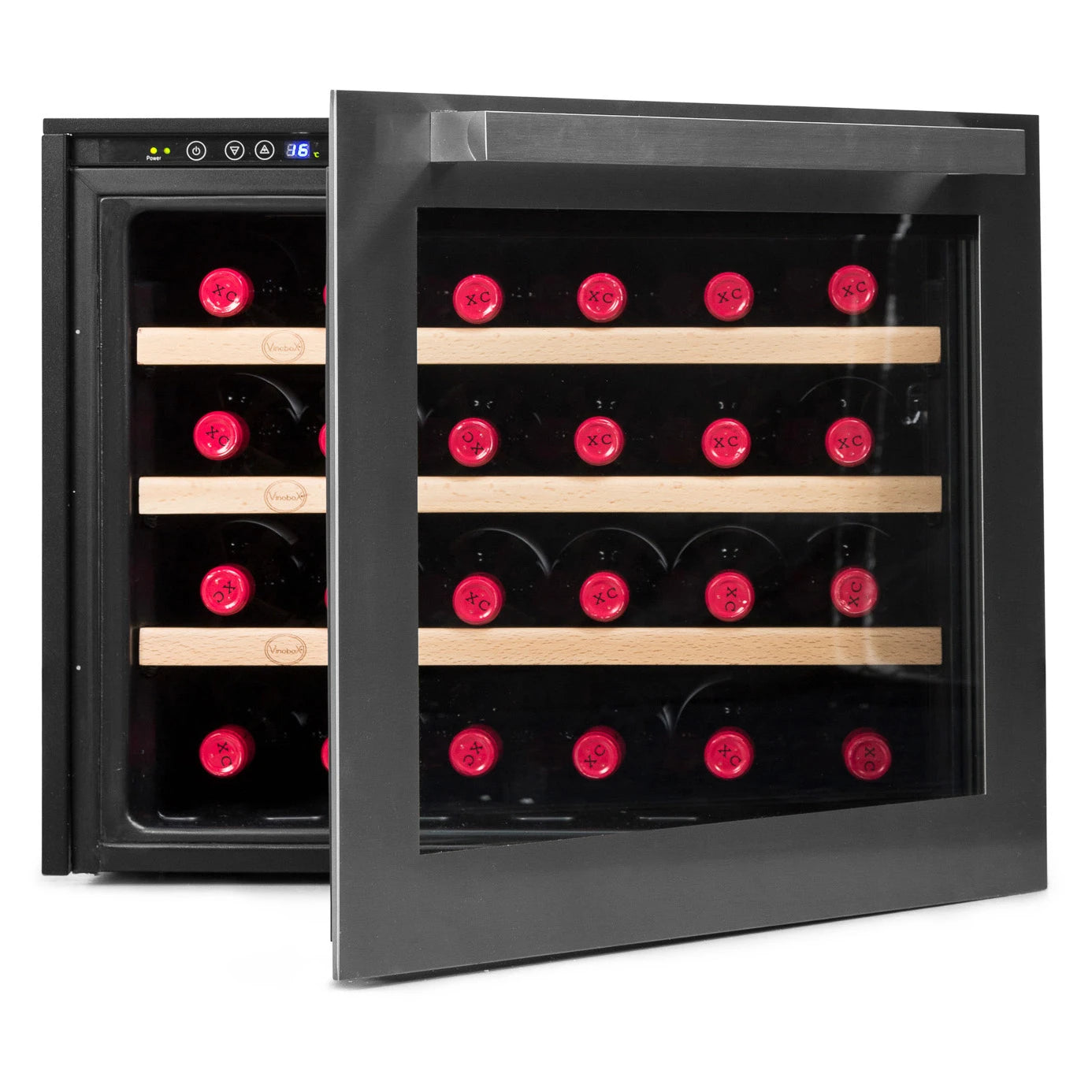 Cave de vinho Vinobox V24 Design Inox com porta dupla envidraçada anti-UV.