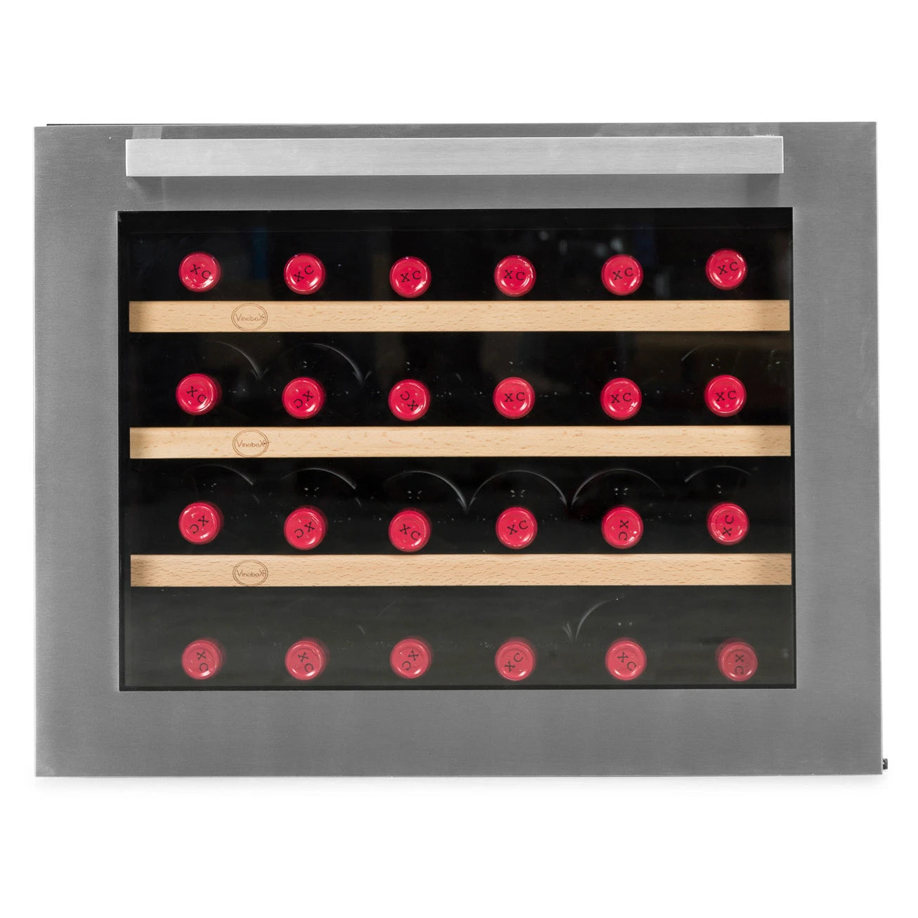 Cave de vinho 24 garrafas Vinobox V24 Design Inox encastrável com moldura em aço inoxidável.