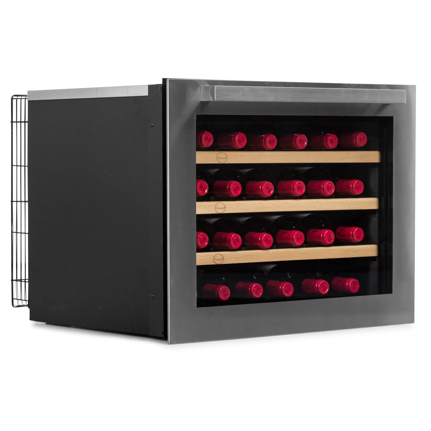 Interior da cave de vinho Vinobox V24 Design Inox com três prateleiras de madeira removíveis.