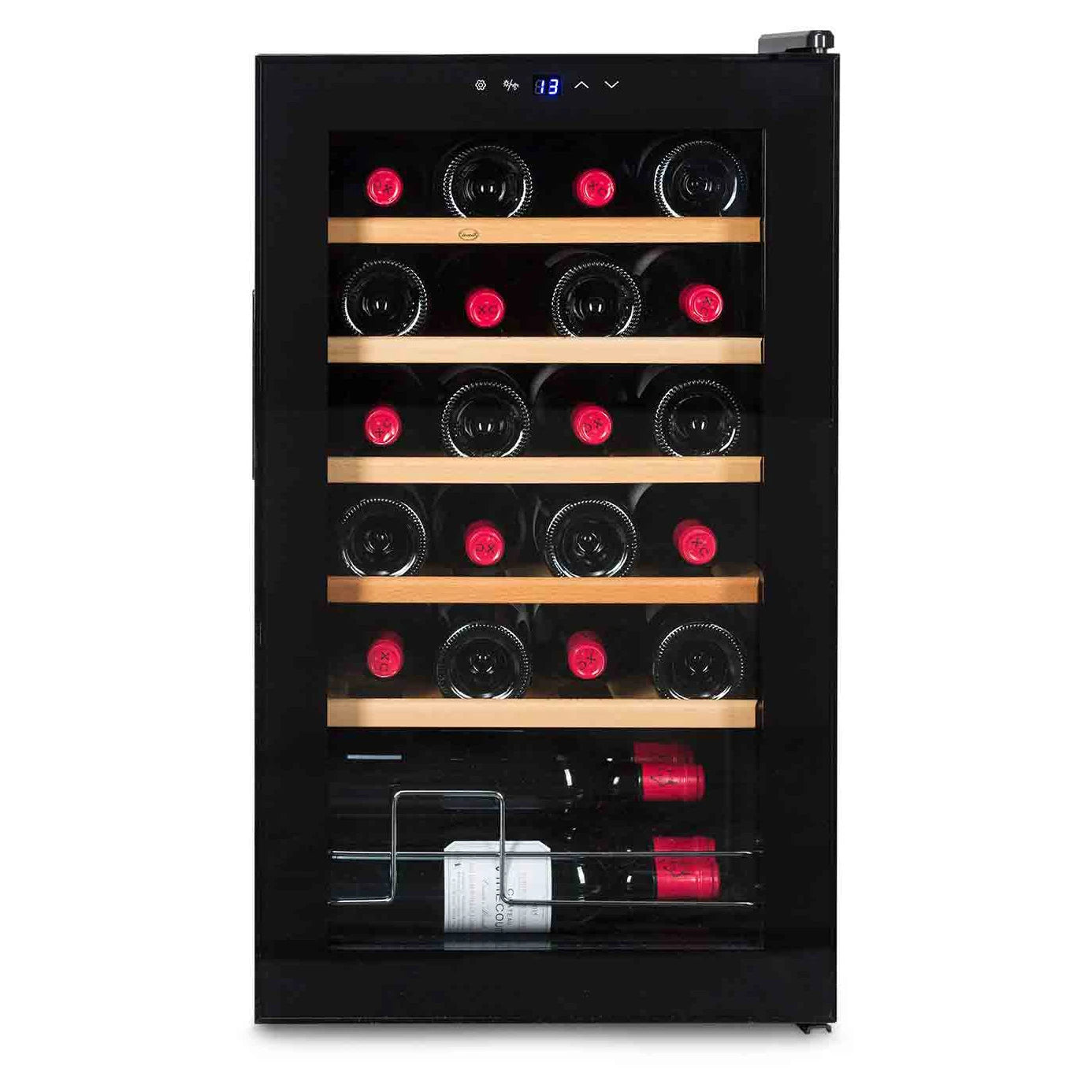 Cave de vinho 24 garrafas Vinobox V24 Pro preta de livre instalação com porta de vidro anti-UV.