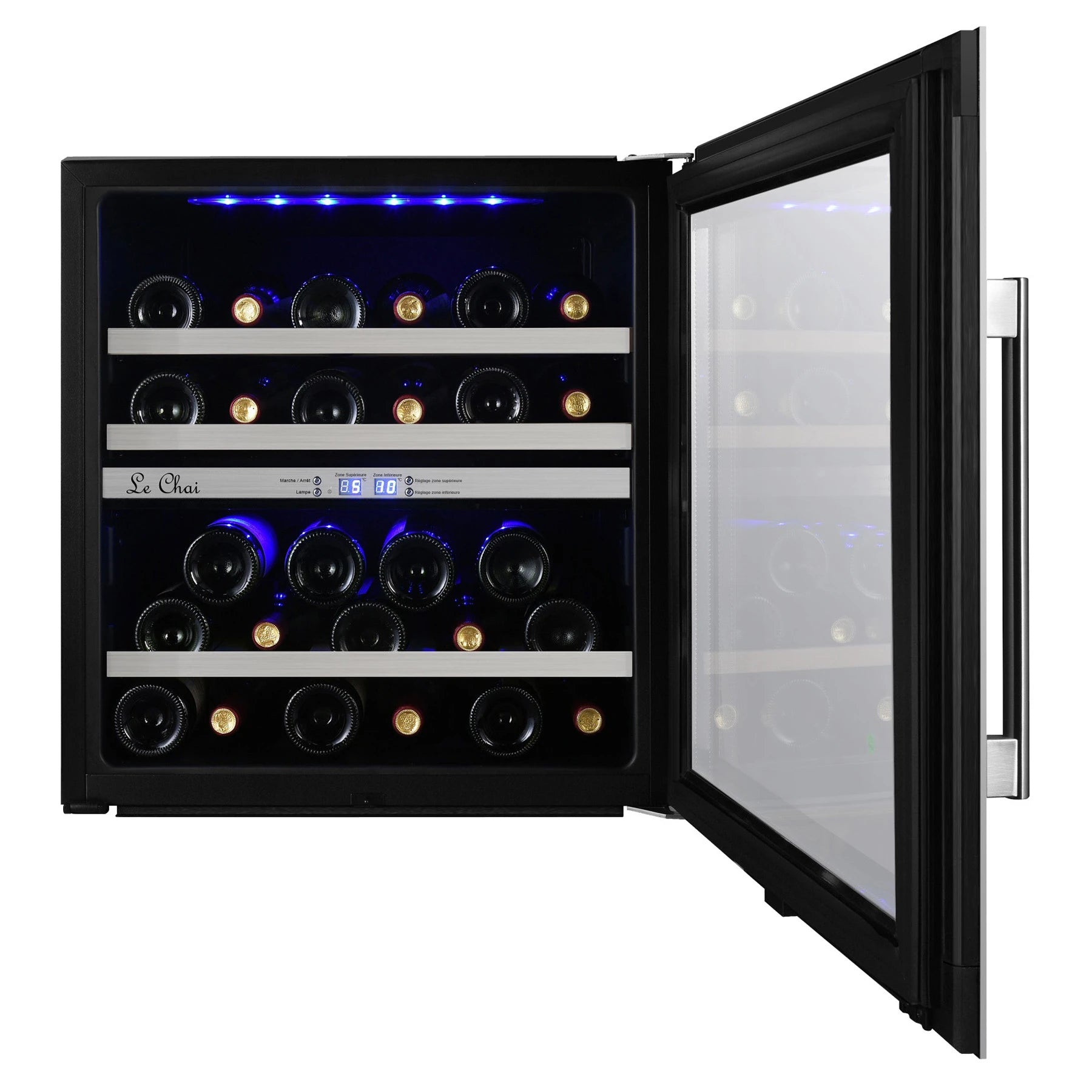 Detalhe da cave de vinho Le Chai LBN270 Black com display digital e puxador inox.
