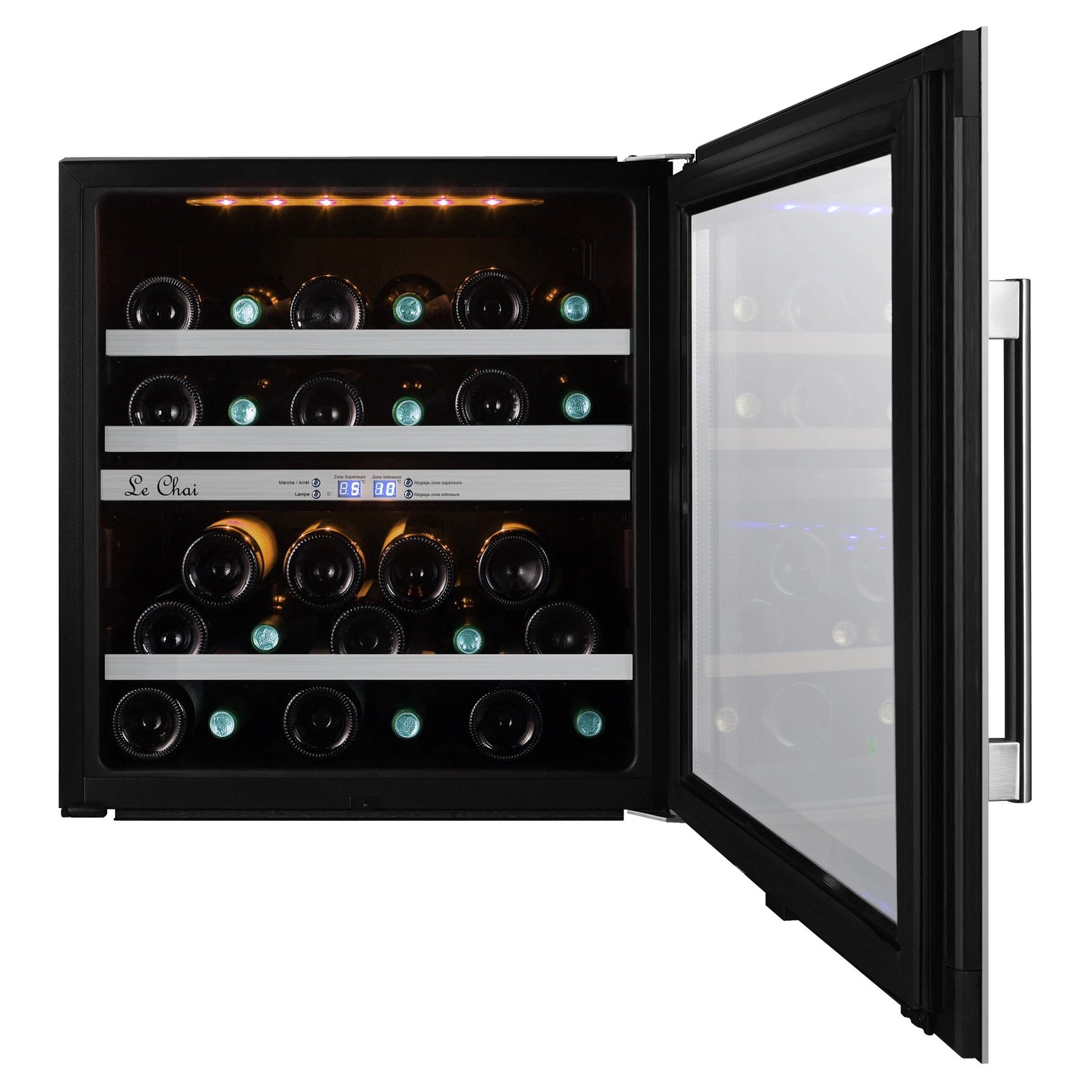 Interior da cave de vinho Le Chai LBN270 Black com prateleiras sobre trilhos e iluminação LED azul.