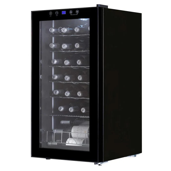 Detalhe da cave de vinho Cave Vinum CV-28-C com porta envidraçada, controlo digital tátil e acabamento preto.