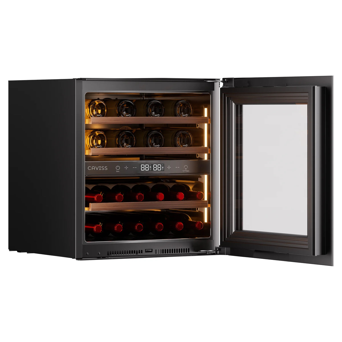 Cave de vinho Caviss CT2E28H60N60 encastrável em coluna com a porta aberta e 28 garrafas nas prateleiras de madeira