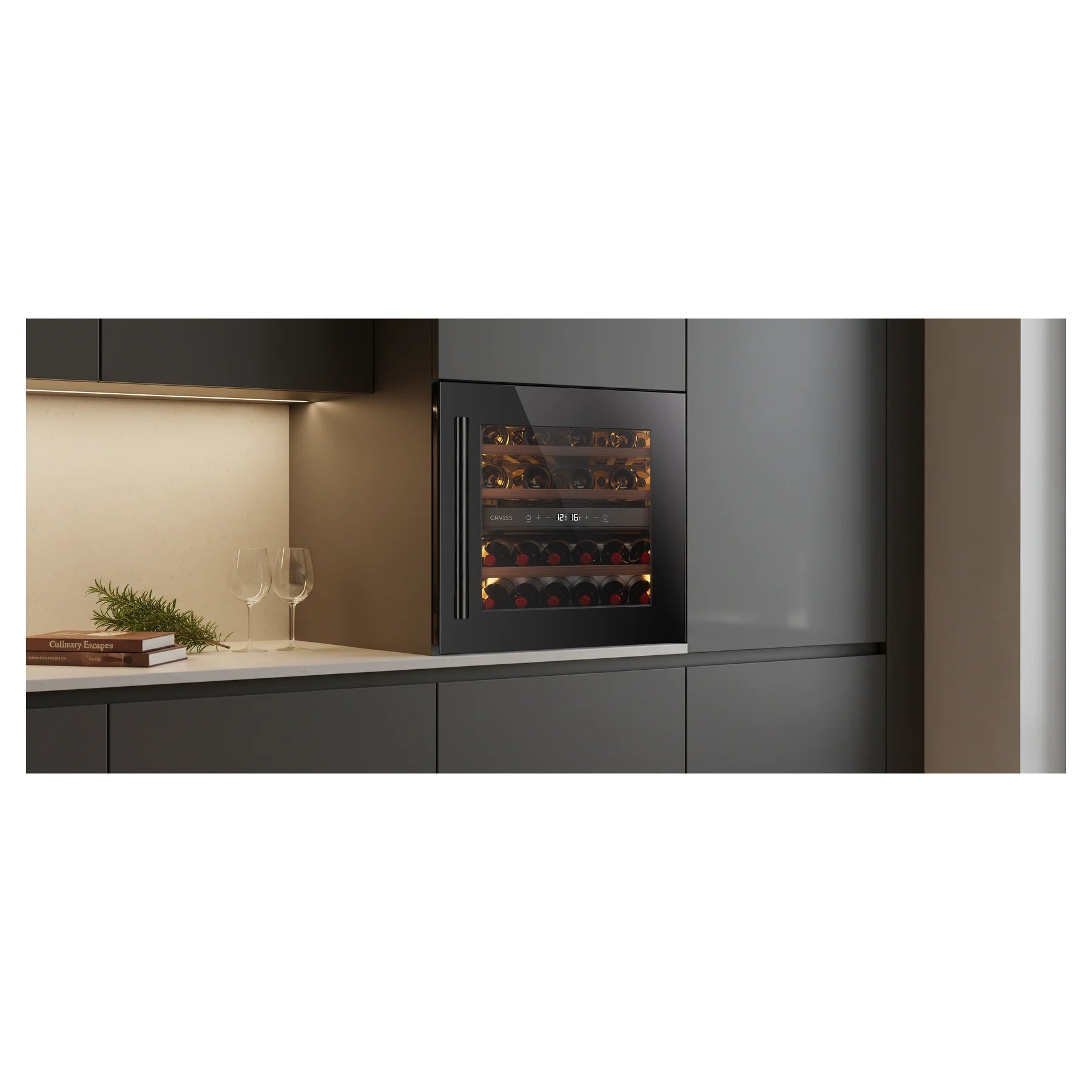 Cave de vinho Caviss CT2E28H60N60 integrada num móvel de cozinha cinzento