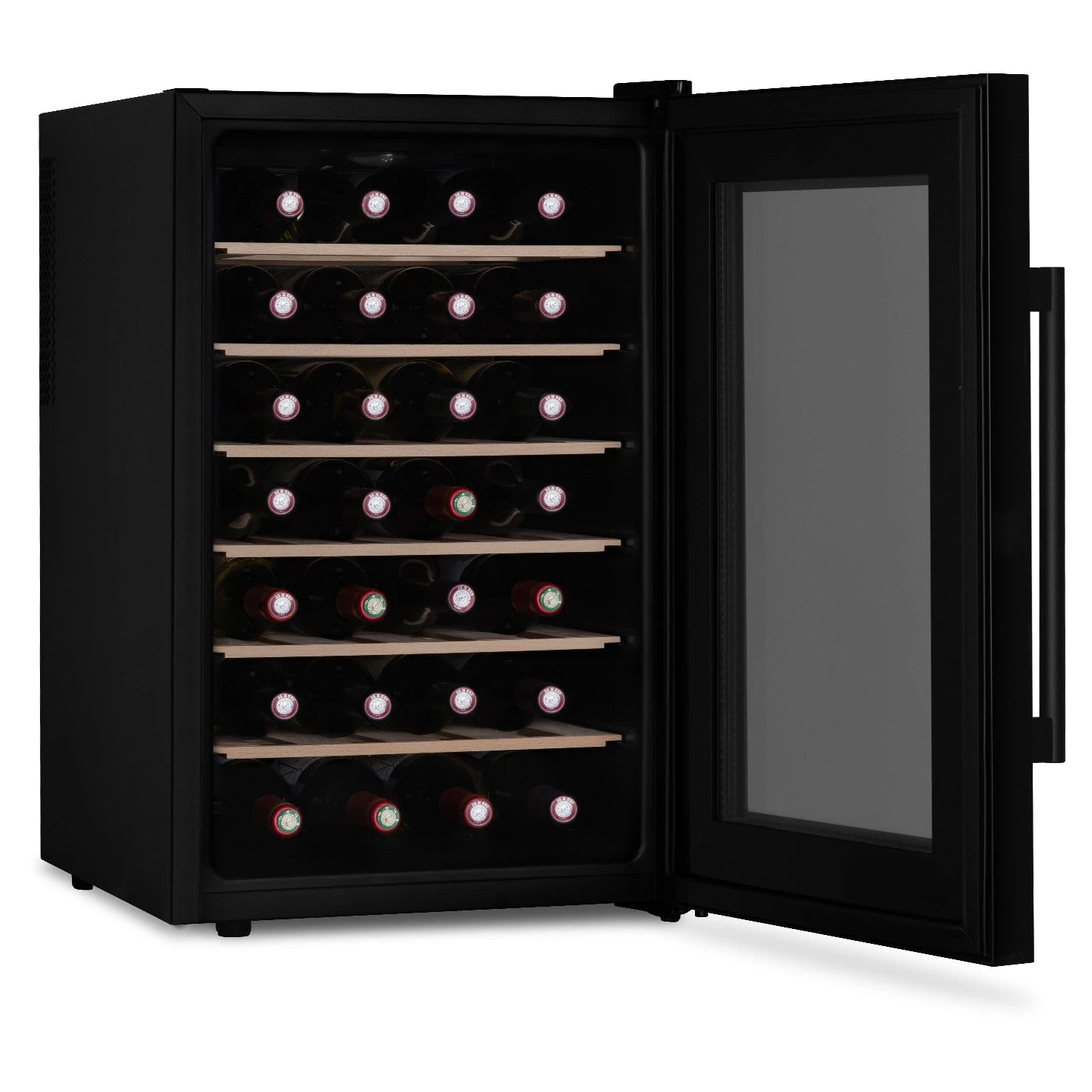 Detalhe da cave de vinho CAVCB28 Black com controlo digital de temperatura.