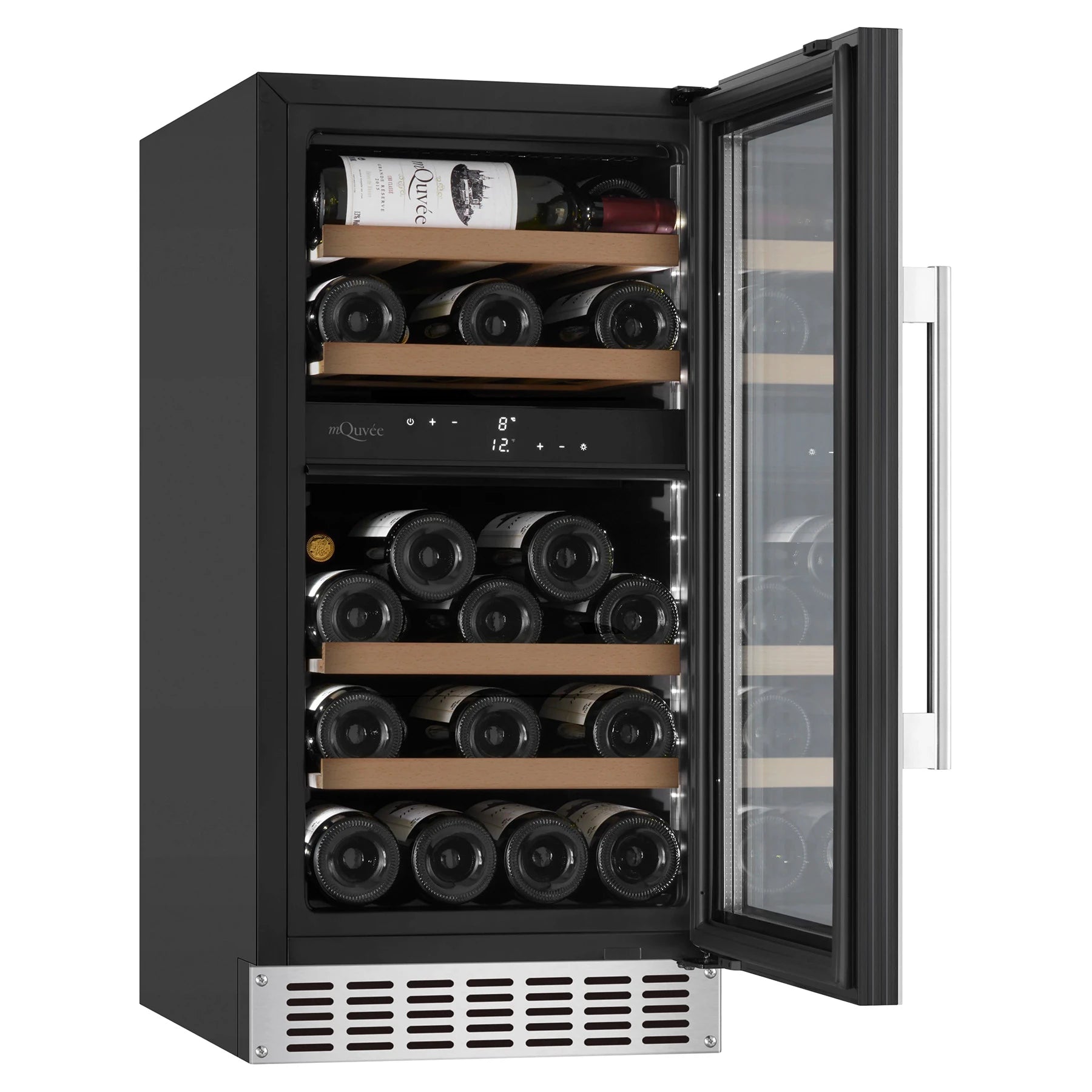 Cave de vinho mQuvée WineCave 700 40D Stainless com duas zonas de temperatura.