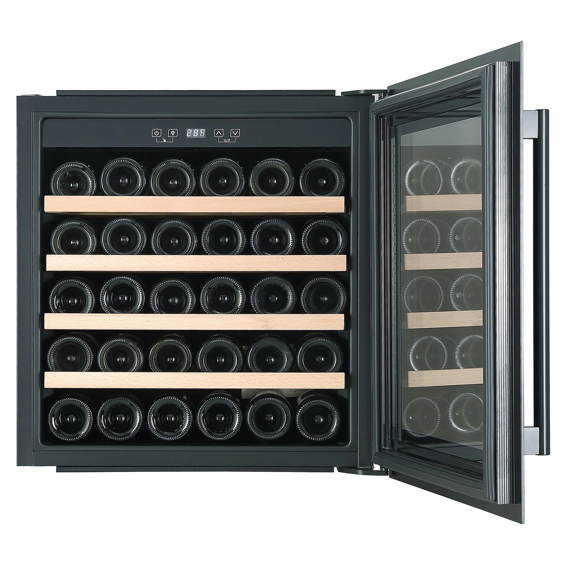Detalhe da cave de vinho Caviss SLEN132TBE4 com iluminação LED e porta reversível.