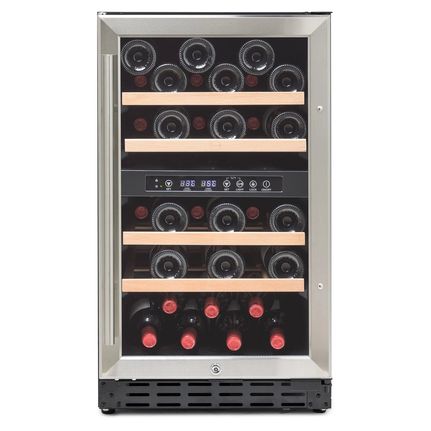 Cave de vinho 33 garrafas Vinobox V40 GC 2T Inox encastrável sob bancada com moldura inox.