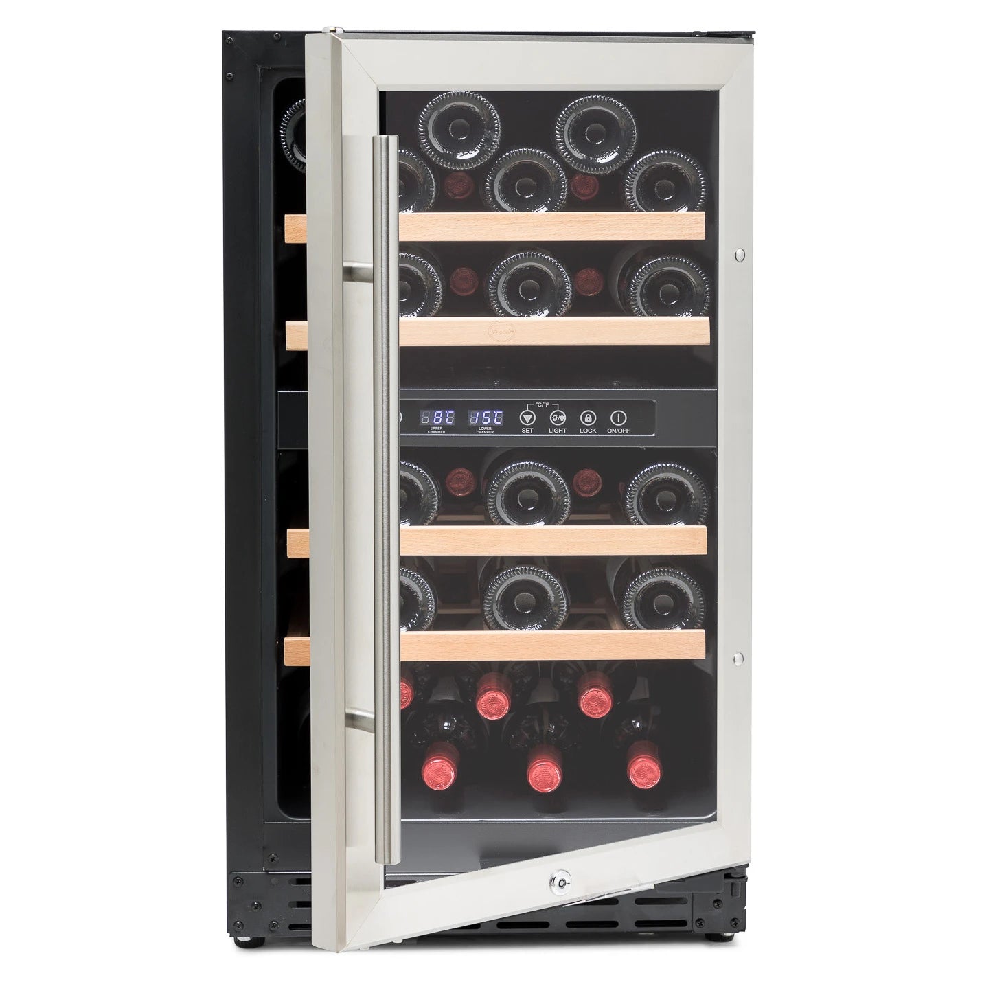 Cave de vinho Vinobox V40 GC 2T Inox com porta de vidro duplo anti-UV e dupla zona.