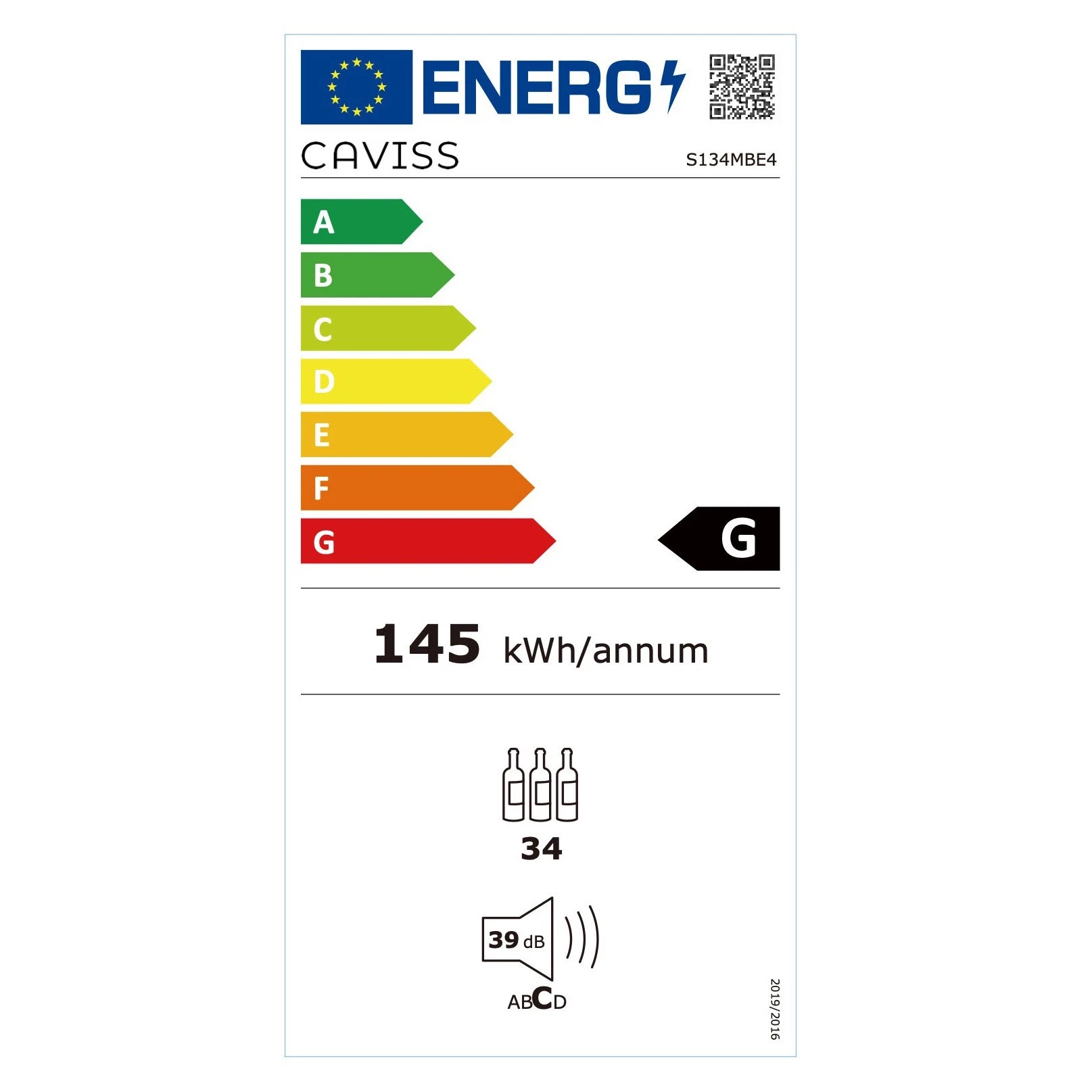 Etiqueta energética da cave de vinho Caviss S134MBE4 com dados de consumo anual.