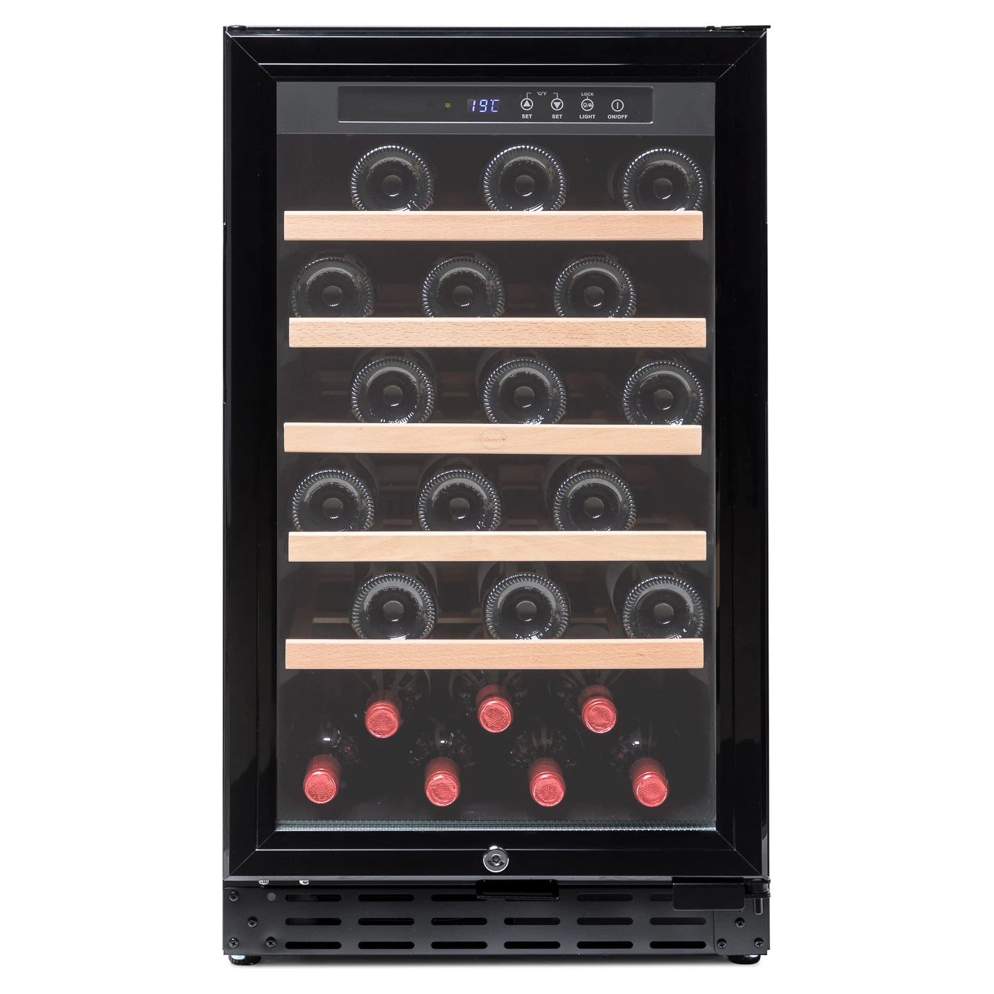 Cave de vinho 37 garrafas Vinobox V40 GC 1T Black encastrável sob bancada com porta preta.