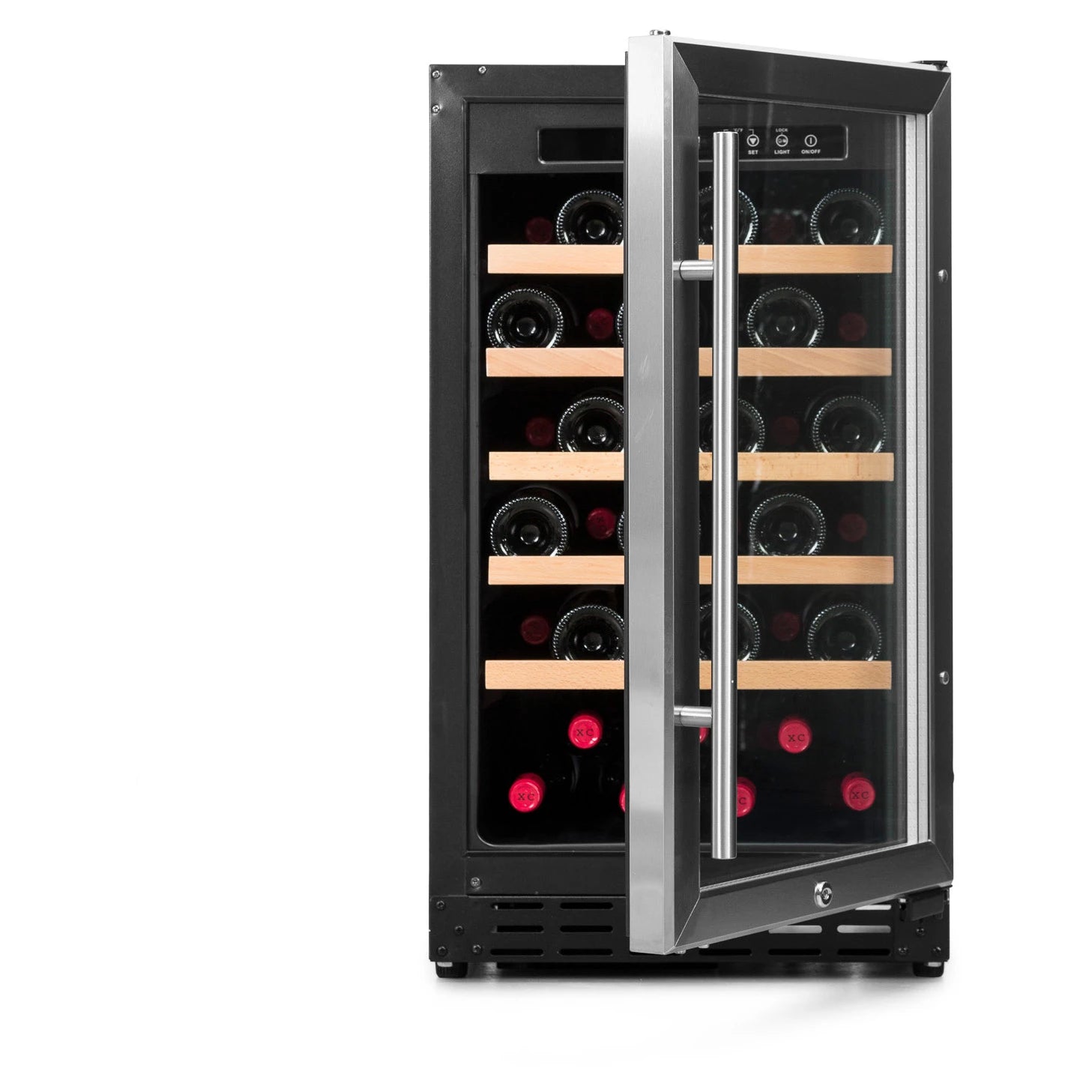 Cave de vinho Vinobox V40 GC 1T Inox com porta reversível de vidro duplo anti-UV.