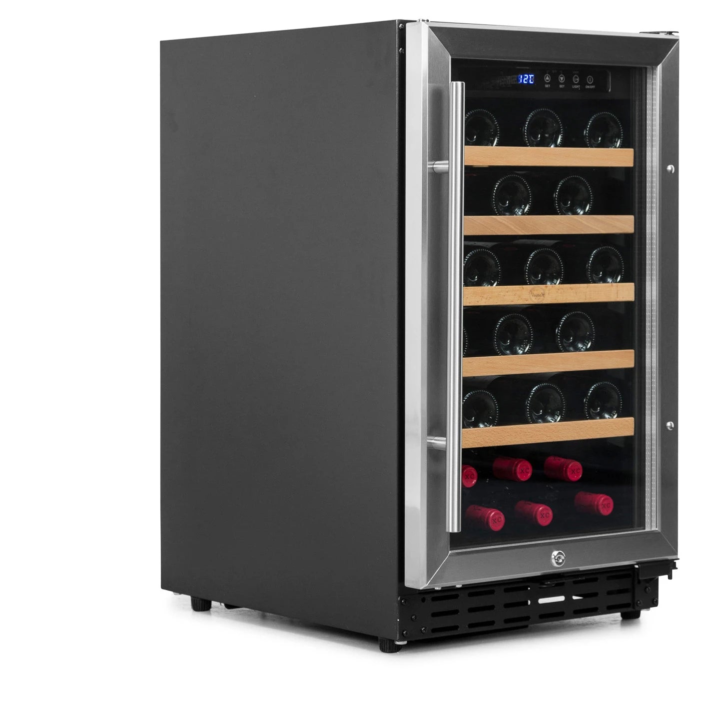 Interior da cave de vinho Vinobox V40 GC 1T Inox com cinco estantes de madeira removíveis.