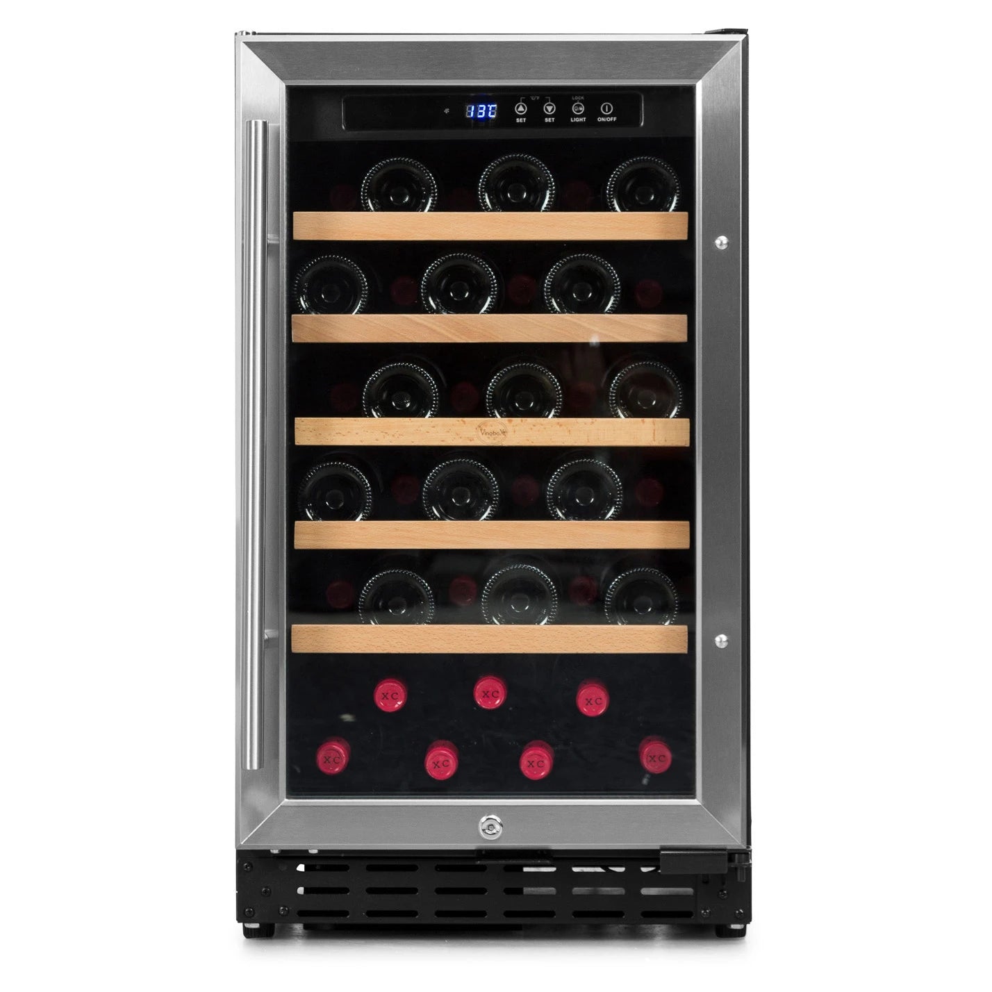 Cave de vinho 37 garrafas Vinobox V40 GC 1T Inox encastrável sob bancada com moldura inox.