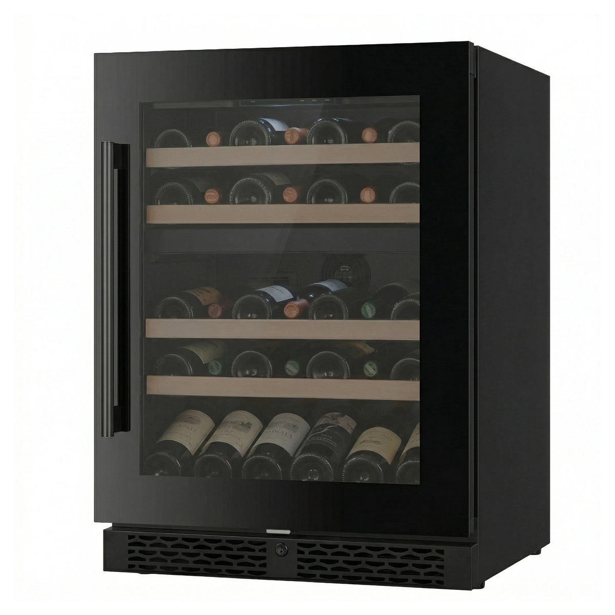 Cave de vinho ClimaVin Noir59 vista de três quartos com a porta de vidro preto fechada