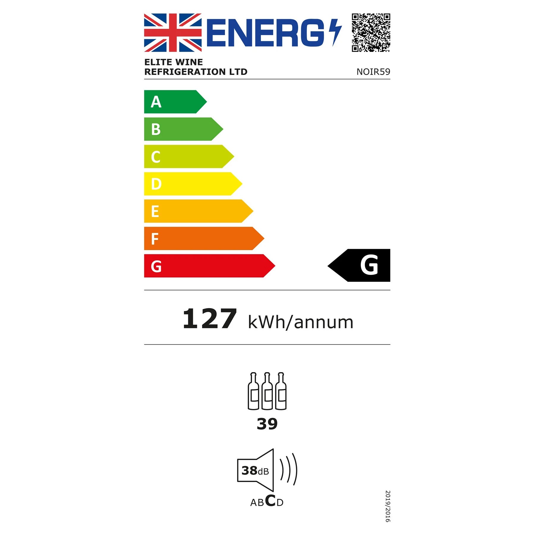 Etiqueta energética da cave de vinho ClimaVin Noir59, classe G, 127 kWh por ano e 38 dB