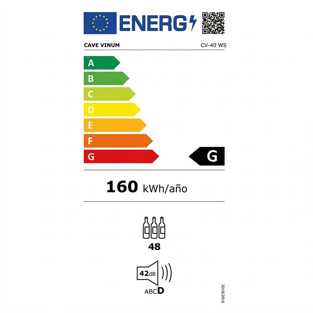 Etiqueta energética da cave de vinho Cave Vinum CV-40-CWS com classe G e consumo anual de 160 kWh.