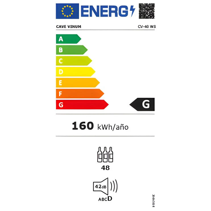 Etiqueta energética da cave de vinho Cave Vinum CV-40-C com classe G e consumo anual de 160 kWh.