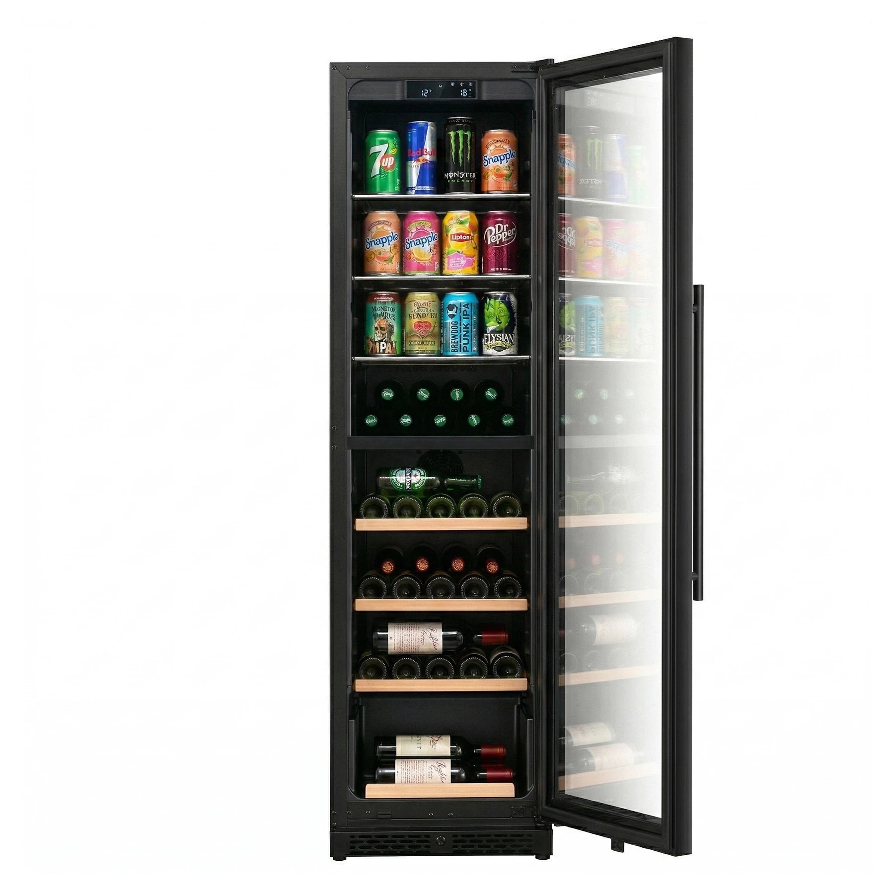 Cave de vinho ClimaVin Noir142 com a porta aberta, mostrando as prateleiras de latas e as prateleiras de madeira para vinho