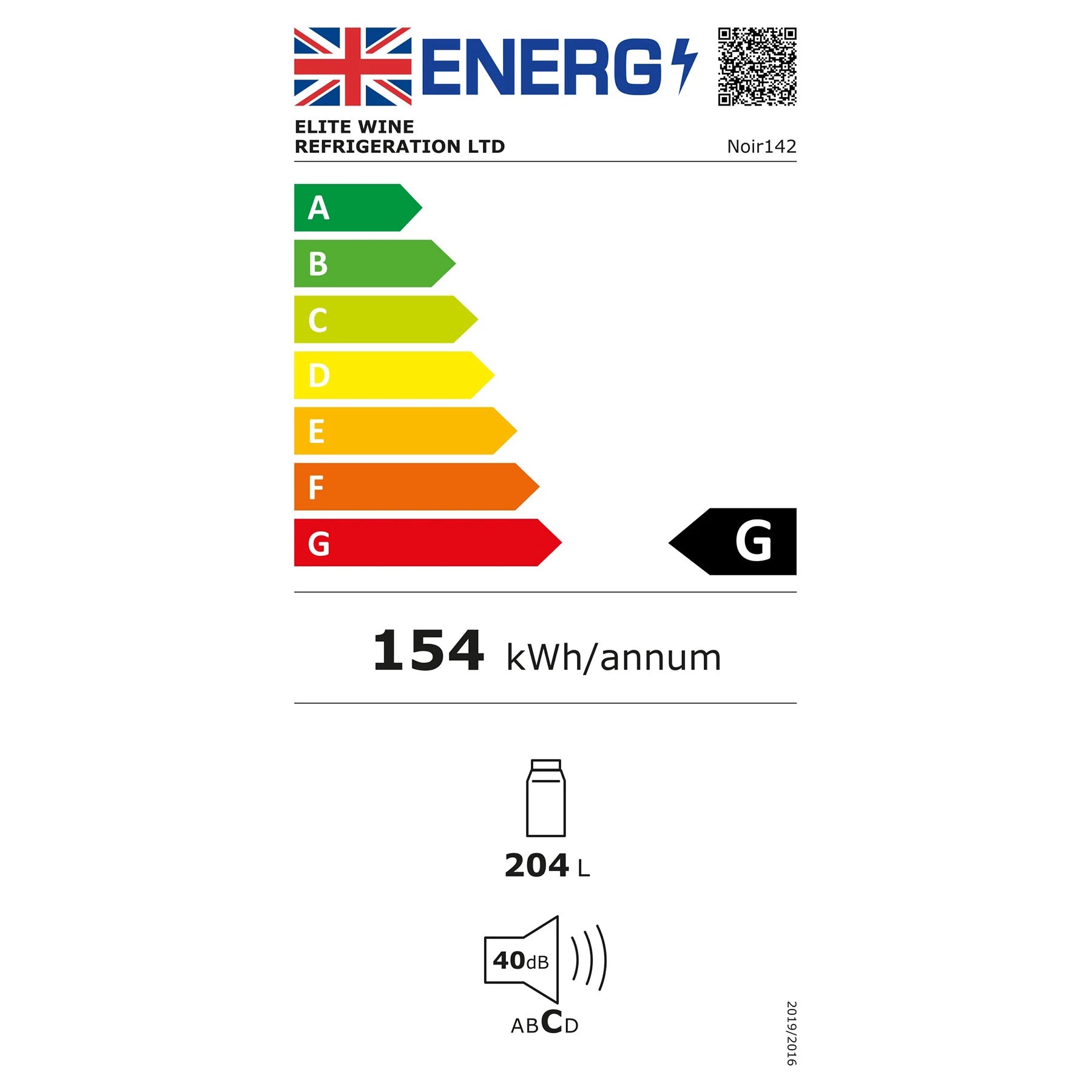 Etiqueta energética da cave de vinho ClimaVin Noir142, classe G, 154 kWh por ano e 40 dB