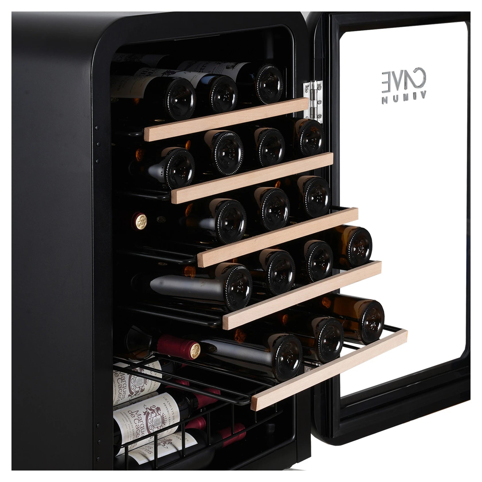 Prateleiras de madeira da Cave Vinum CV-45-R para organizar garrafas de vinho em posição horizontal.