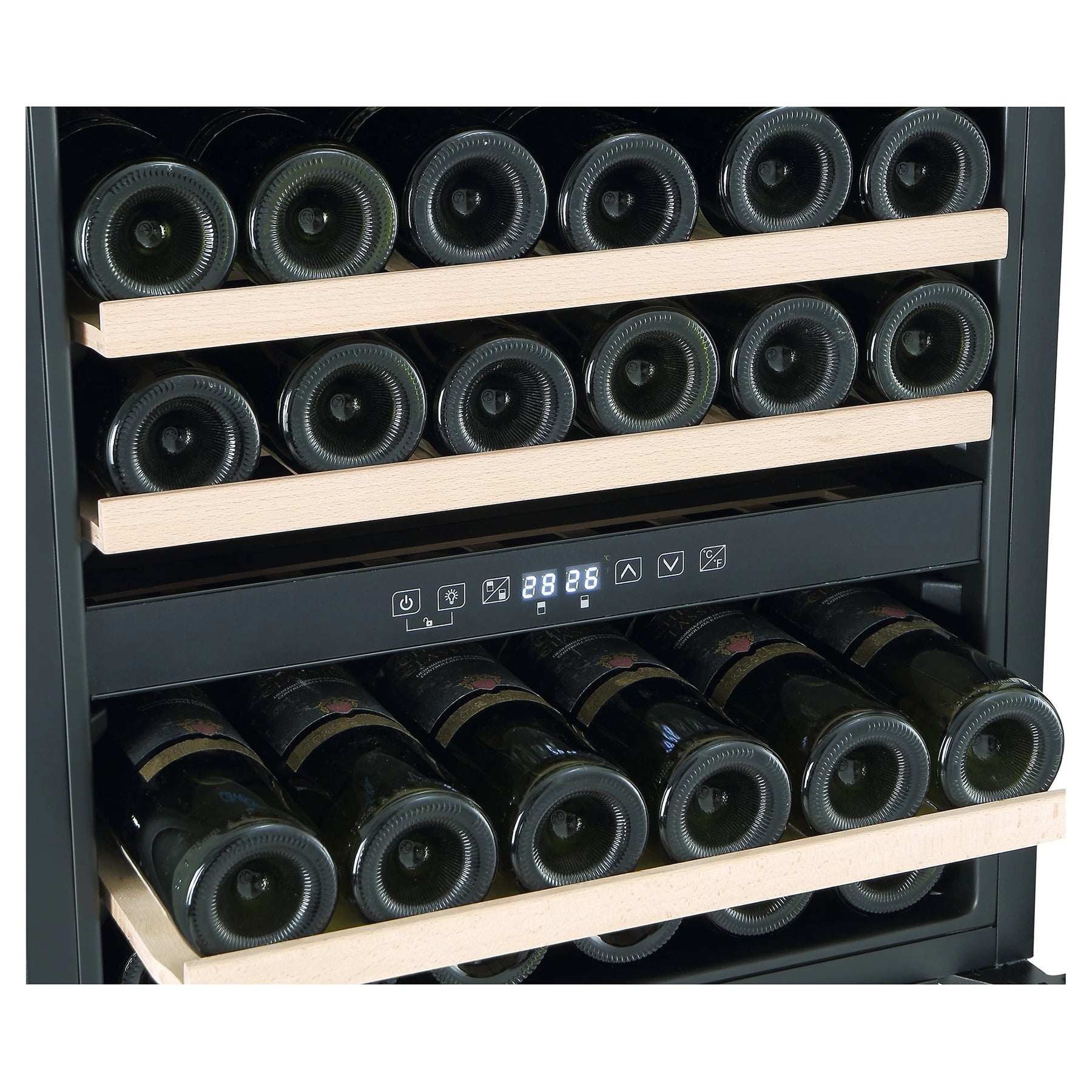 Detalhe da cave de vinho Caviss CLEN246TBE4 com display digital e iluminação LED.