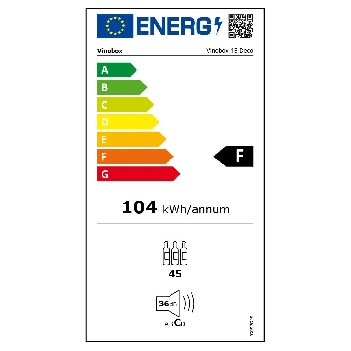 Etiqueta energética da cave de vinho Vinobox V45 Deco com classe F e consumo anual de 104 kWh.