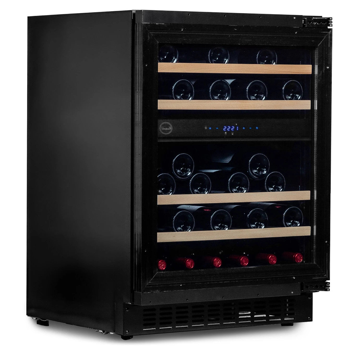 Detalhe da cave de vinho Vinobox V45 Deco com display LED e iluminação interior.