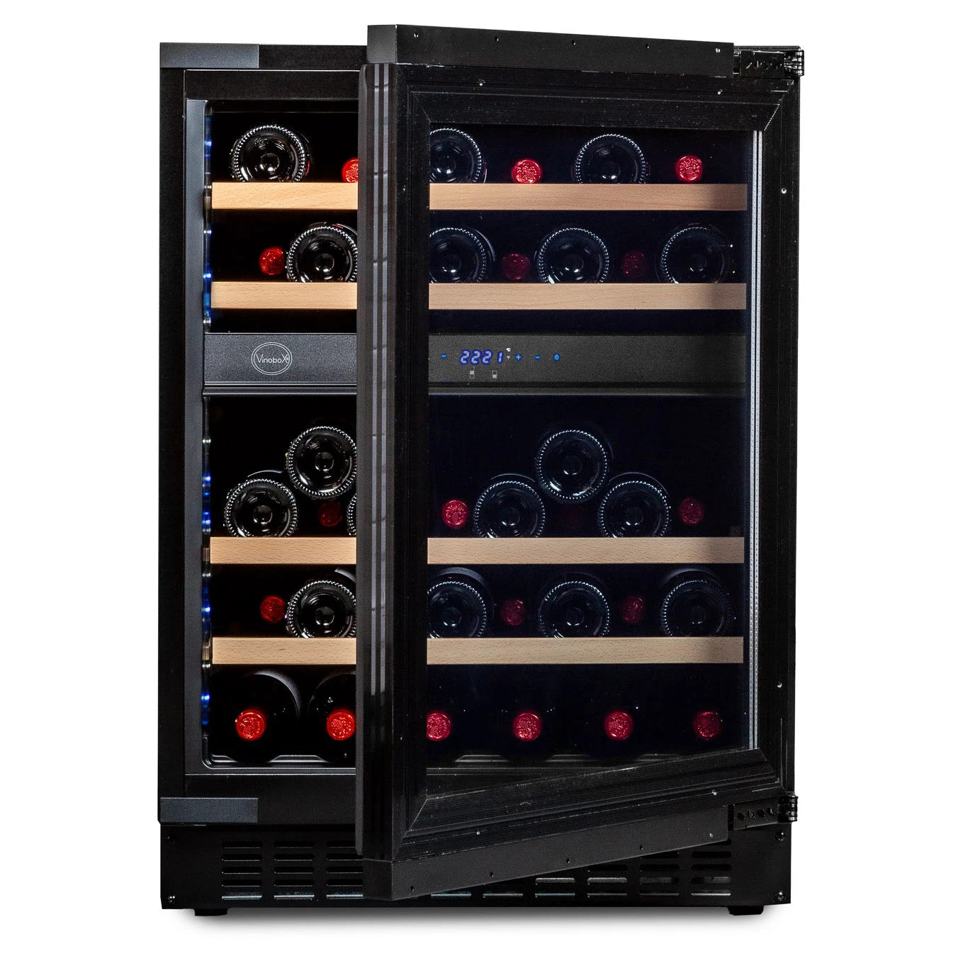 Cave de vinho Vinobox V45 Deco com duas zonas de temperatura de 5 a 20 ºC.