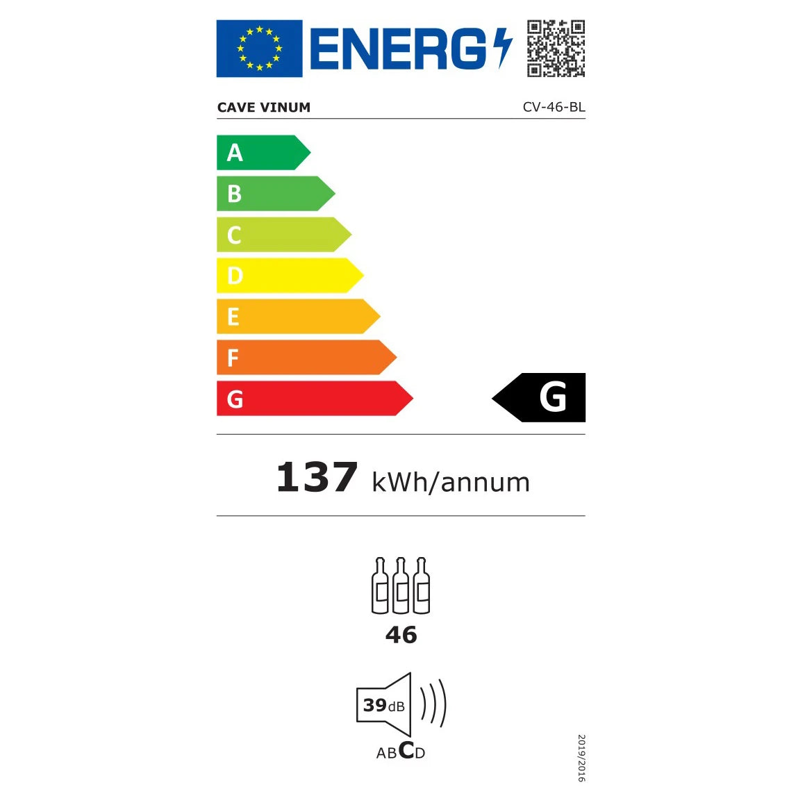 Etiqueta energética da cave de vinho Cave Vinum CV-46-BL PREMIUM com classe G e consumo anual de 137 kWh.