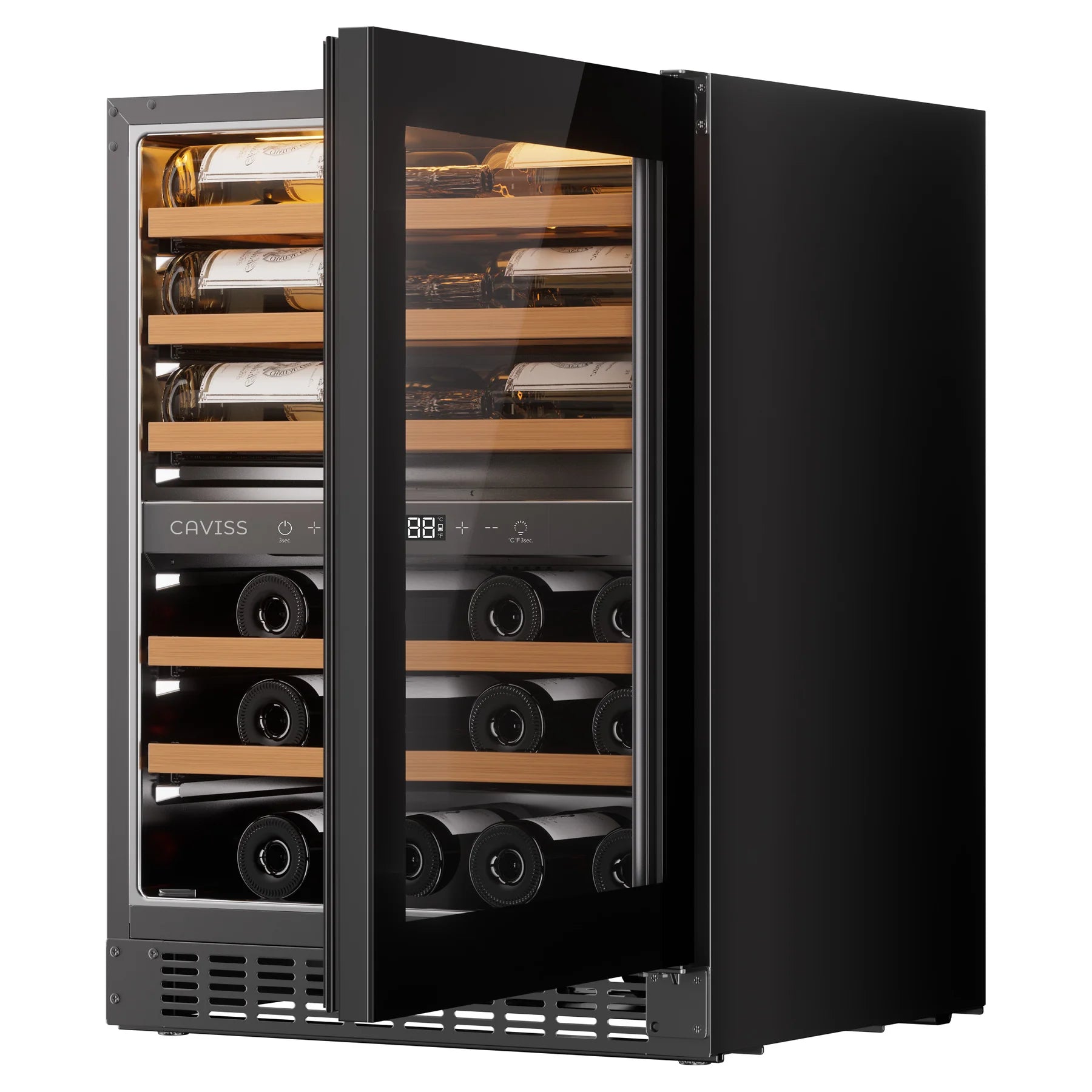 Cave de vinho Caviss CT2SP46H82N60 aberta, vista de três quartos com as duas zonas cheias