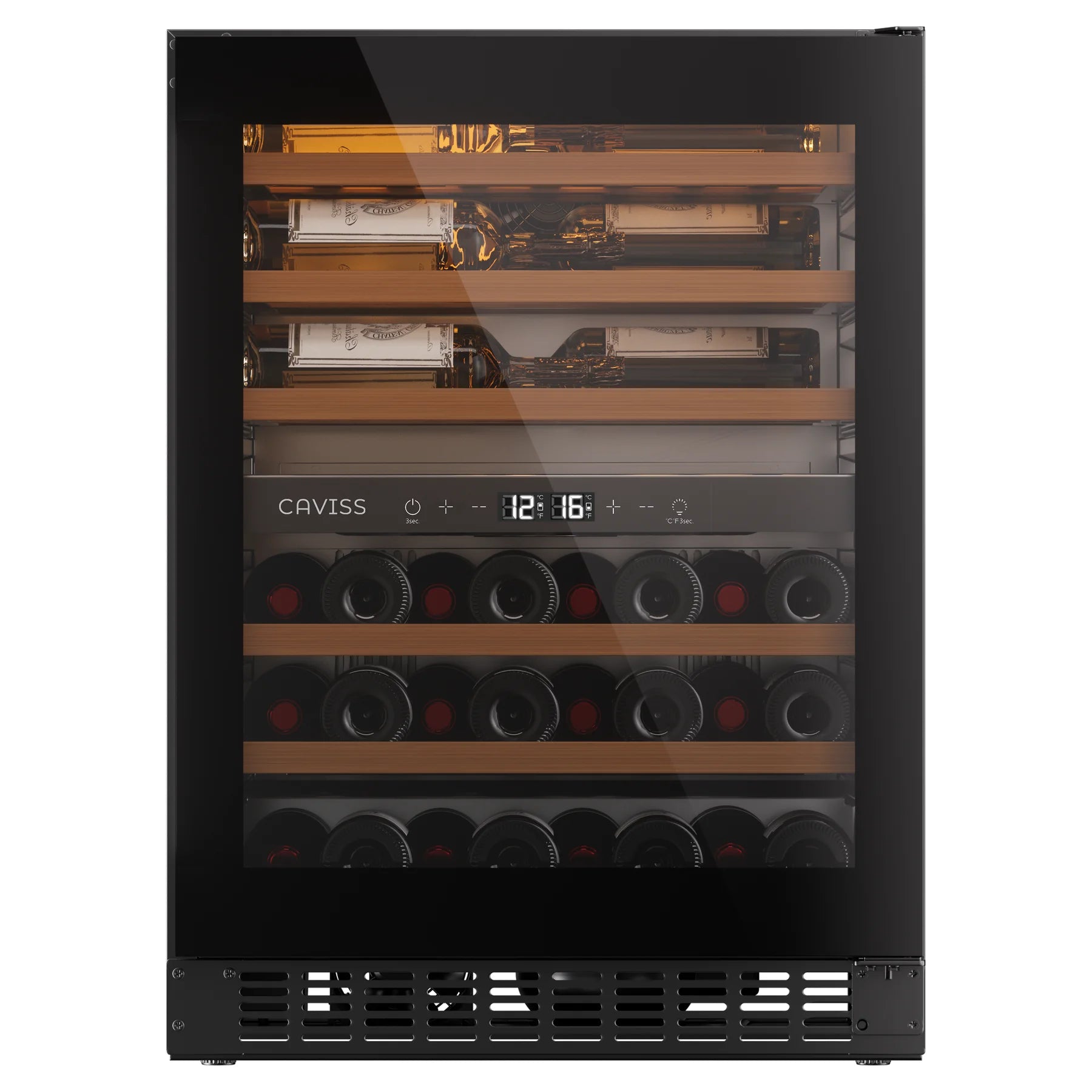 Cave de vinho Caviss CT2SP46H82N60 fechada, vista frontal com garrafas visíveis através do vidro