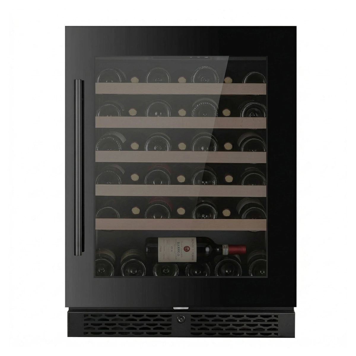 Cave de vinho ClimaVin Noir82 vista frontal com as prateleiras de madeira cheias de garrafas