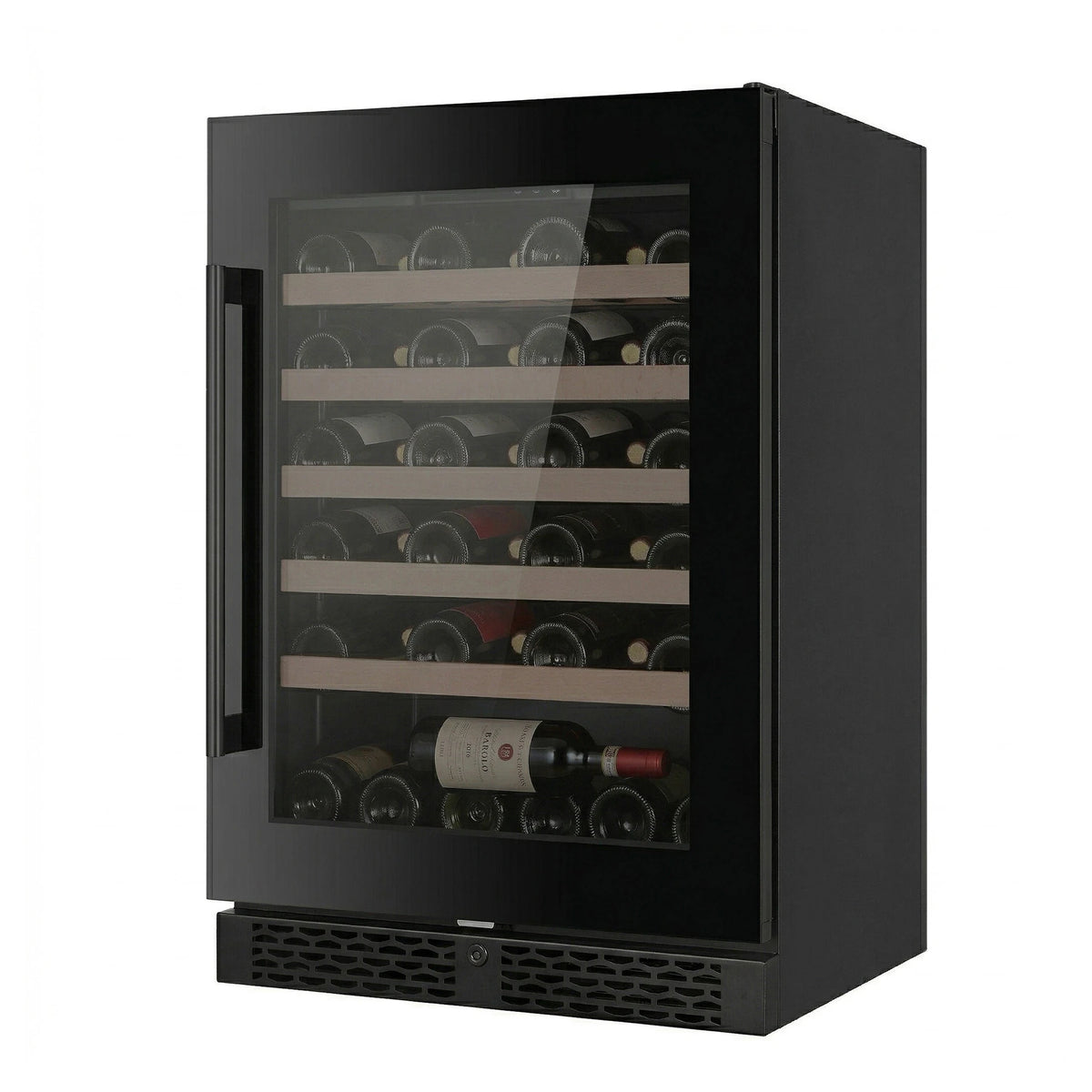 Cave de vinho ClimaVin Noir82 vista de três quartos com a porta de vidro preto fechada