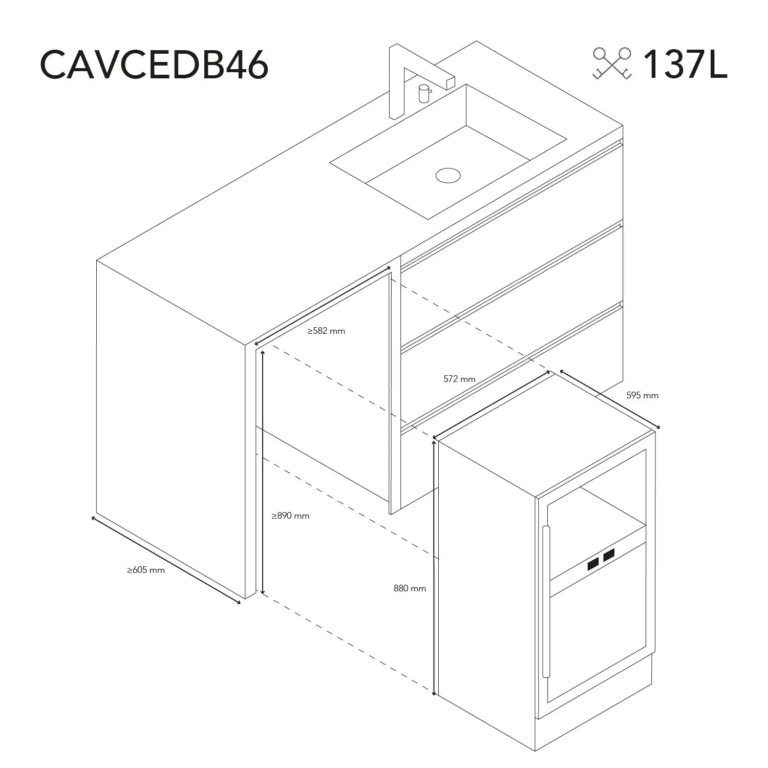 Diagrama de encastre da cave de vinho Les Petits Champs CAVCEDB46 sob bancada.