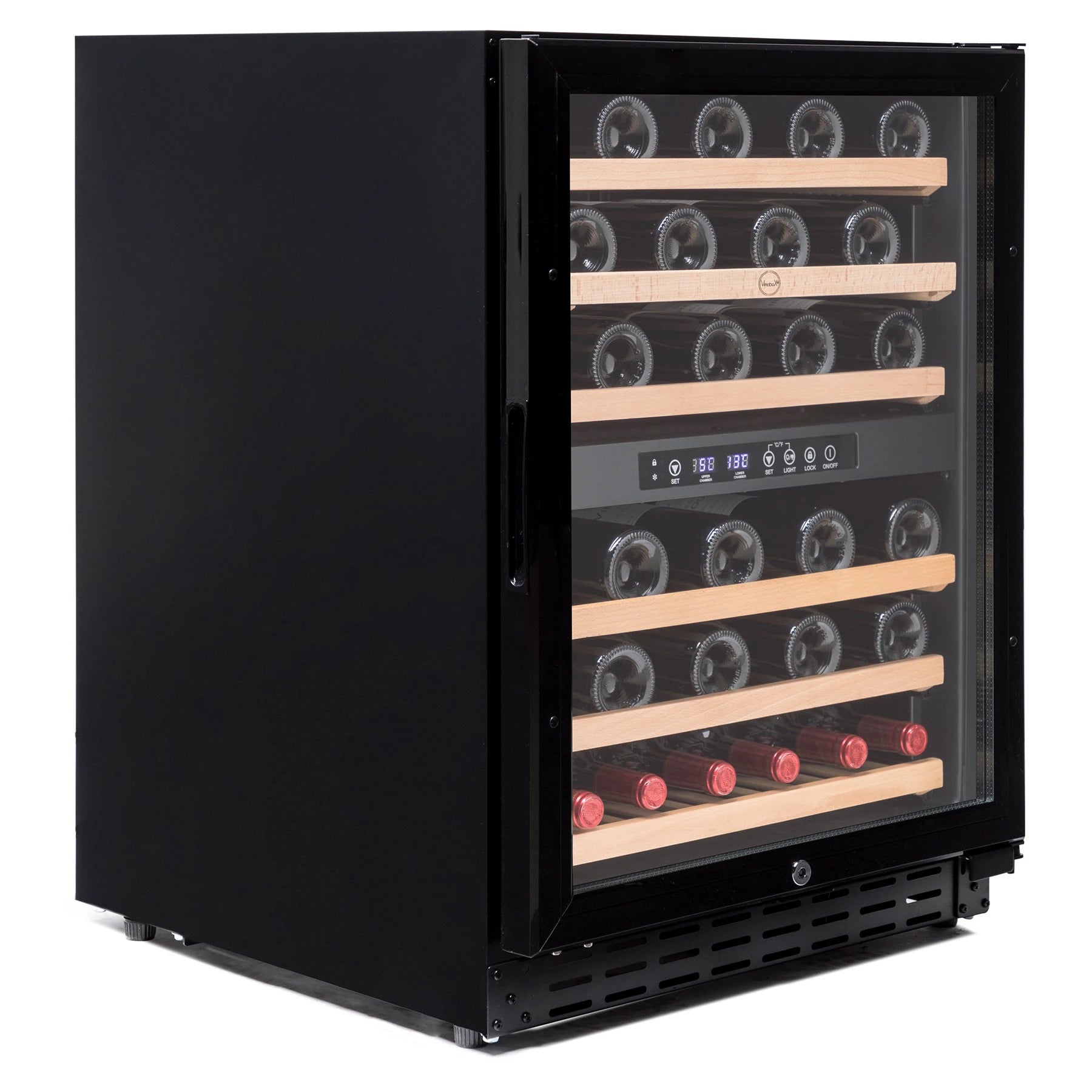 Interior da cave de vinho Vinobox V50 GC 2T Black com seis estantes de madeira sobre carris.