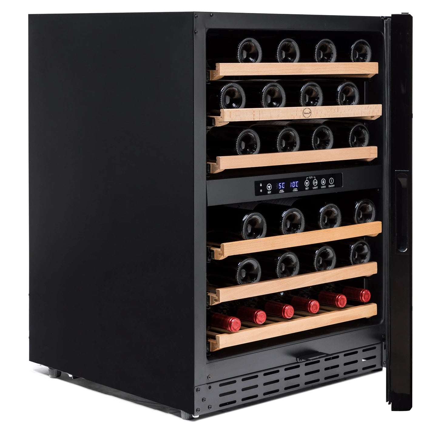 Cave de vinho Vinobox V50 GC 2T Black com duas zonas de 5 a 10 ºC e 10 a 18 ºC.
