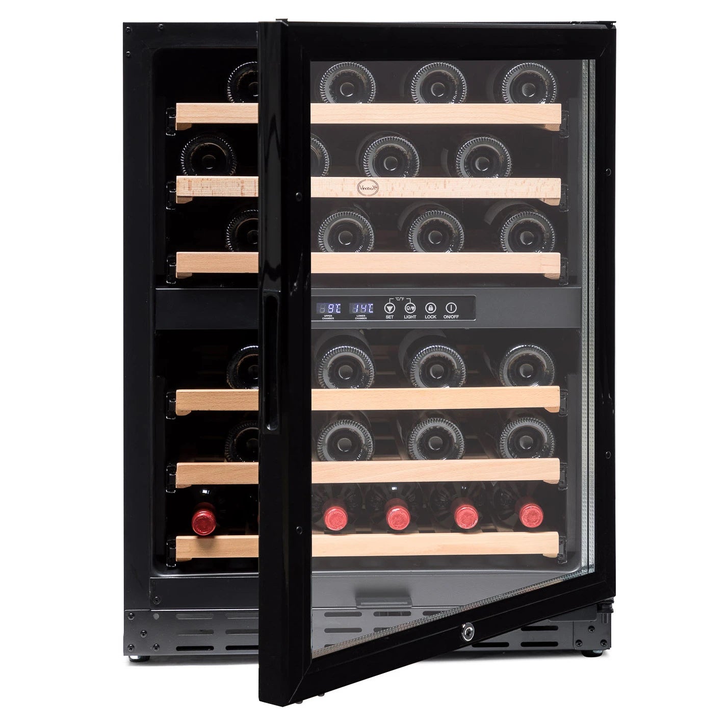 Cave de vinho Vinobox V50 GC 2T Black com porta reversível de vidro duplo anti-UV.