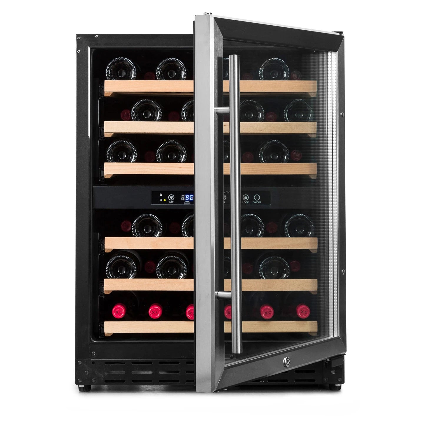 Cave de vinho Vinobox V50 GC 2T Inox com porta reversível de vidro duplo anti-UV.