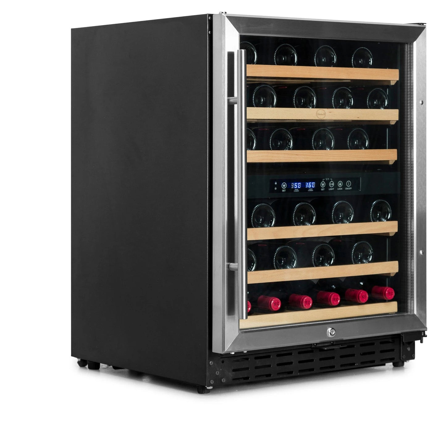 Interior da cave de vinho Vinobox V50 GC 2T Inox com seis estantes de madeira sobre carris.